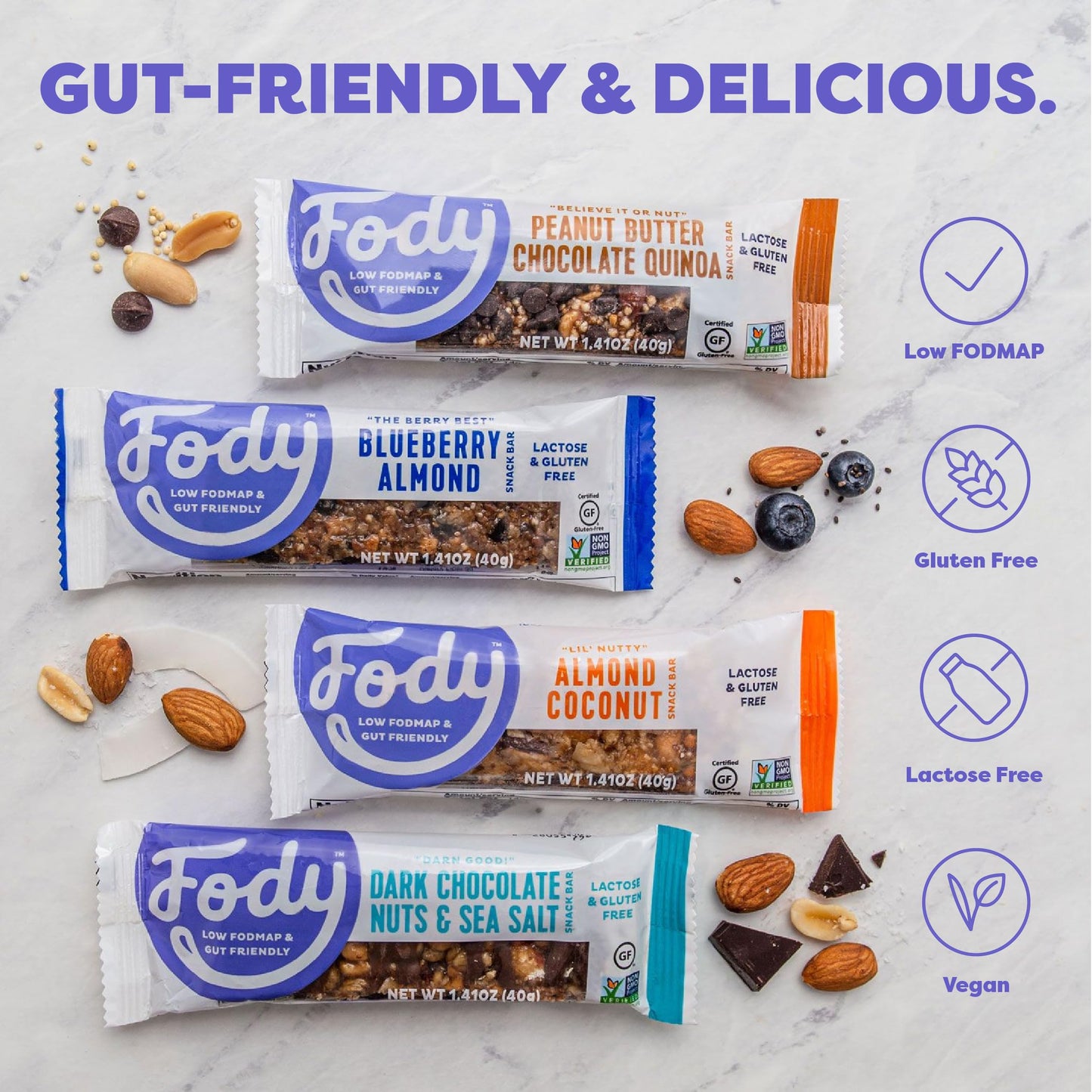 Fody Foods Snack Bars, Almond Coconut, 1.41 Oz (Pack of 12), 6g Protein, Low FODMAP, Gut & IBS Friendly, Vegan, Lactose Free, Non-GMO, Gluten Free