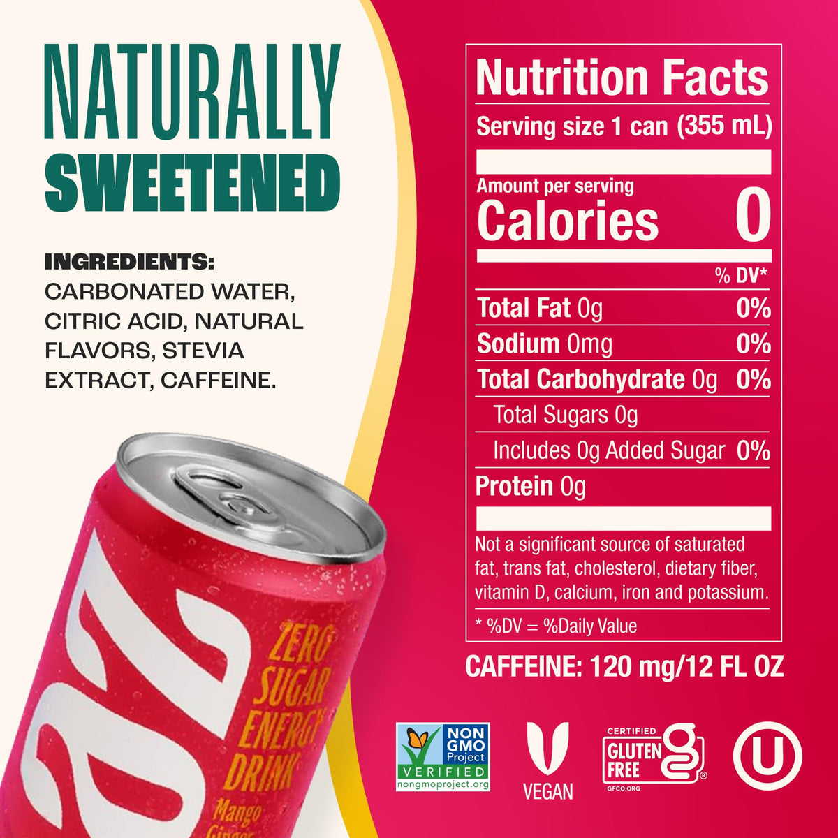 Zevia Zero Sugar Energy Drink, Mango Ginger, 12 oz Cans (12-Pack) - Naturally Sweetened, Zero Calorie Sugar Free Energy - Non-GMO Project Verified