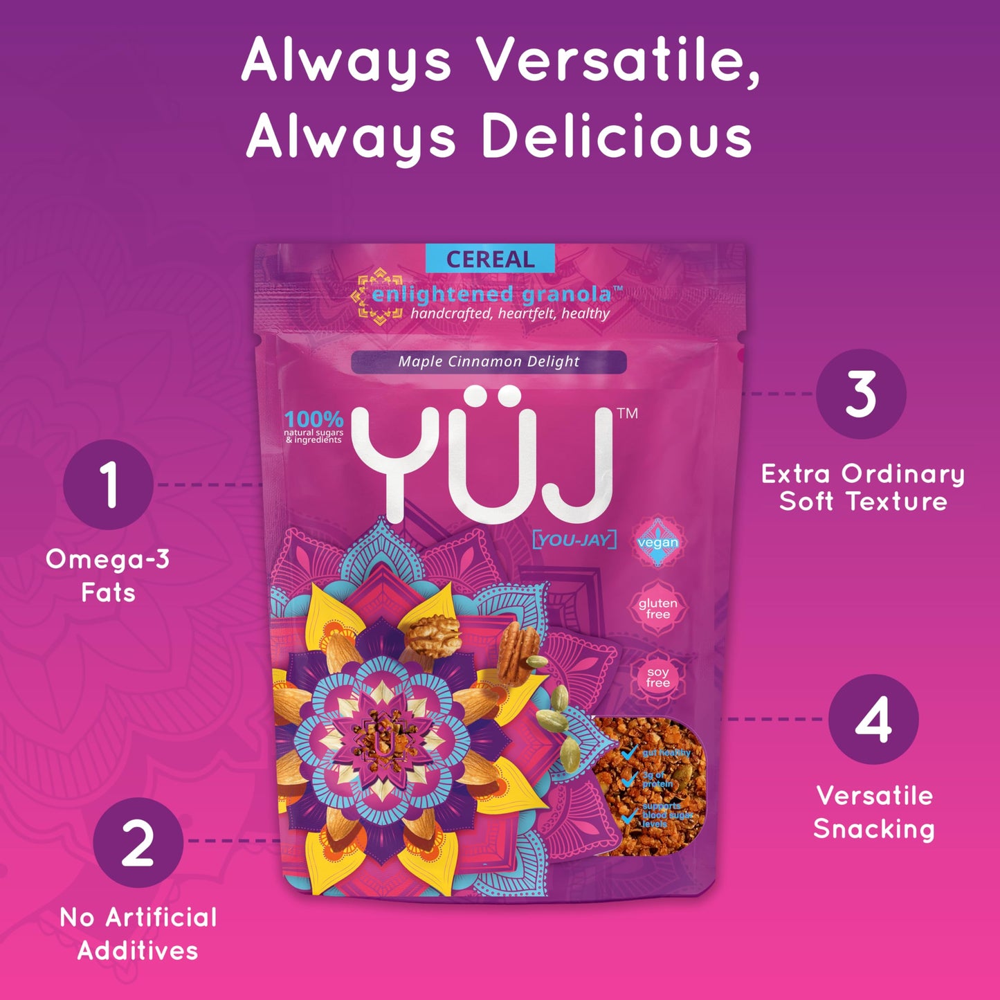 Yüj Healthy Granola - Organic Enlightened Granola Cereal Snacks - Vegan & Gluten Free Granola Cereal On Yogurt - Go to Snacks for Adult & Kids - Big
