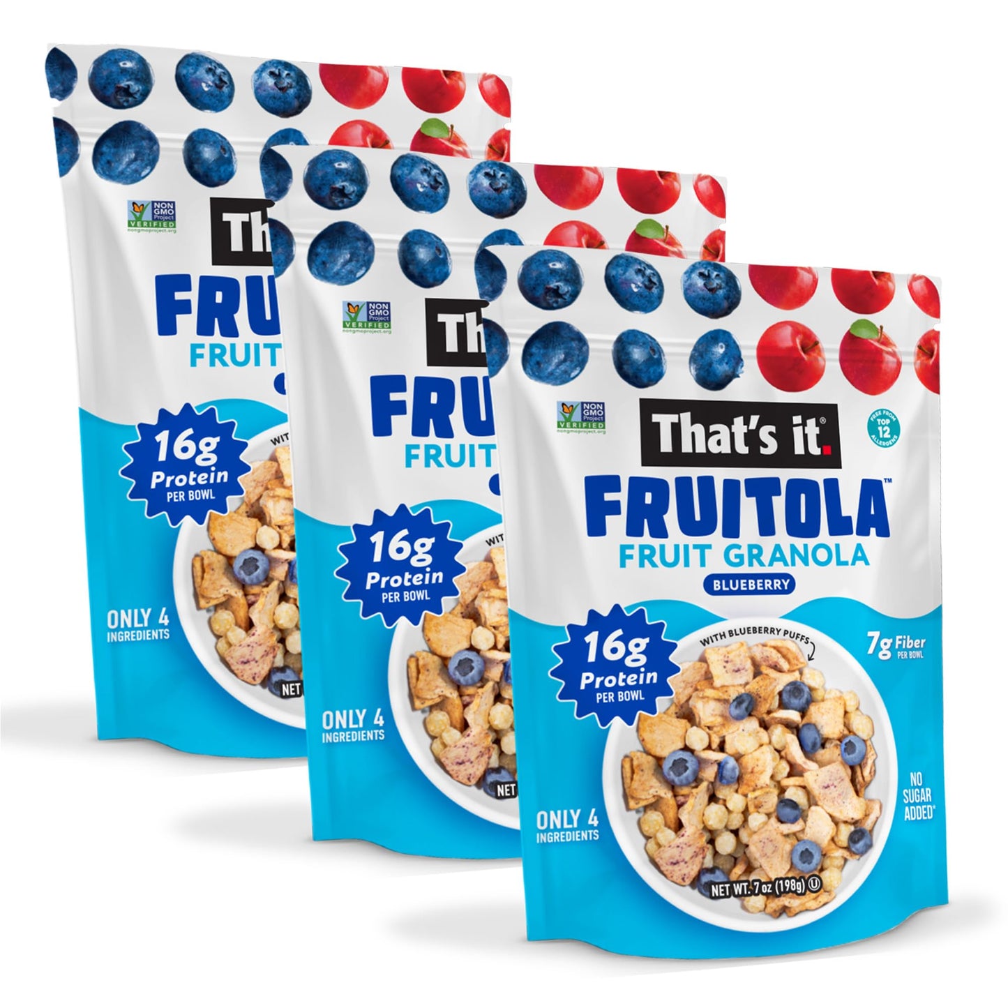That’s it. Fruitola Fruit Granola - Blueberry, 16g Plant-Based Protein + 7g Fiber from Fruit Per Bowl, 100% Real Fruits, Only 4 Ingredients, Zero