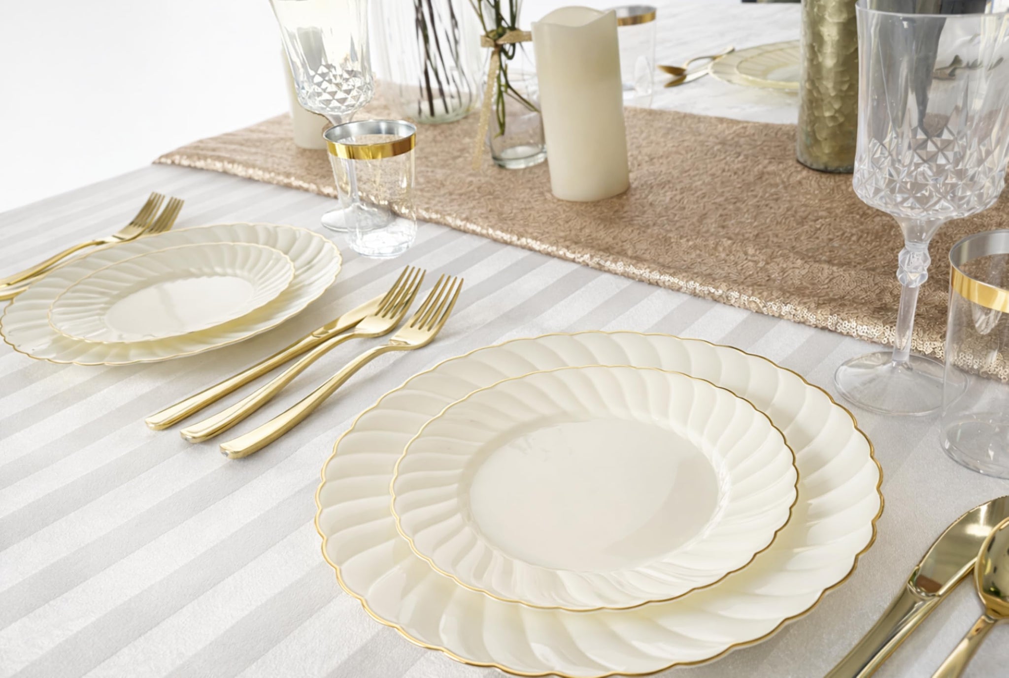 OCCASIONS 50 Piece Disposable Plastic Plates Set for 25 Guests - Heavy Duty 10.25" Dinner & 7.5" Dessert Plates, Elegant Party Plates for Wedding