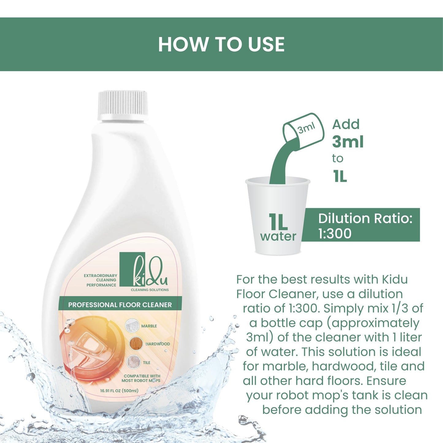 KIDU 2-Pack Multi-Surface Floor Cleaner - Compact by Design, Robot Mop Compatible, 1:300 Concentrate for Hardwood, Tile, Marble - Eco-Friendly