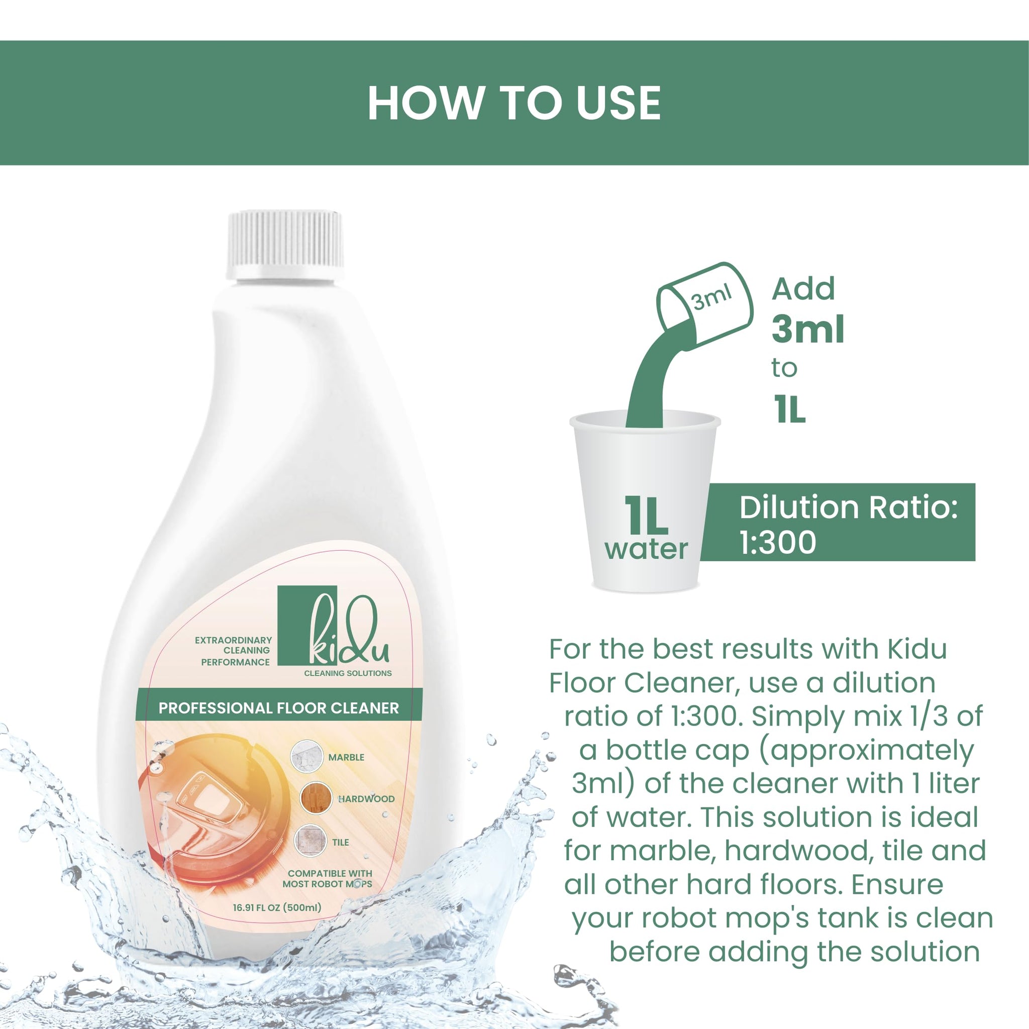 KIDU 2-Pack Multi-Surface Floor Cleaner - Compact by Design, Robot Mop Compatible, 1:300 Concentrate for Hardwood, Tile, Marble - Eco-Friendly