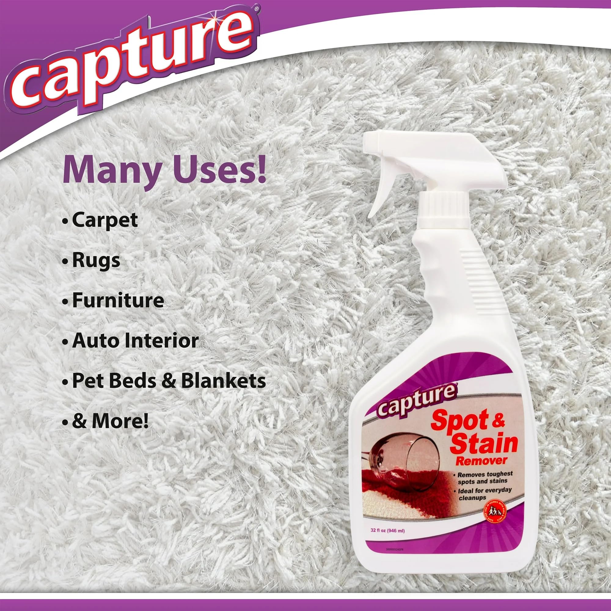 Capture Spot and Stain Remover Carpet - Dirt, Juice, Coffee, Wine, Food and Tough Rug Stains Eliminator - Couch, Sofa Cleaner and Stain Remover