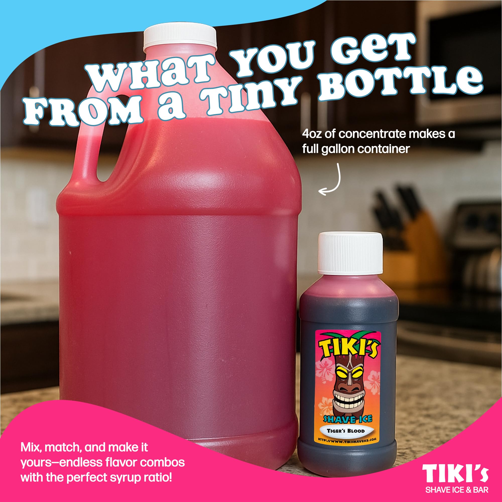 Tiki's Shave Ice Syrup Concentrate for Snow Cones & Shaved Ice - Natural Syrup for Beverages & Desserts - Ideal for Snow Cone, Slushie Machines