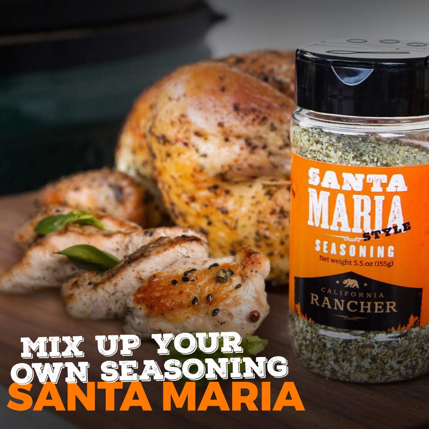 Santa Maria Seasoning (Kosher Salt, Garlic, Pepper, and Herbs). Great for Tri Tip, Chops, Flank steak, Chicken, all meat, and Burgers. Bold Steakhouse