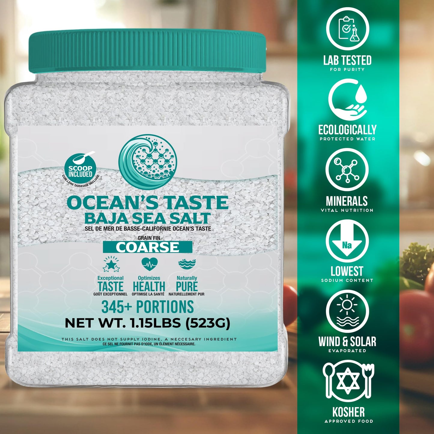 1.15 Pound Jar Ocean's Taste Baja Sea Salt, Coarse Natural Grain, 4X More Minerals than Celtic Salt, 30% Less Sodium, Mineral Salt Ideal for