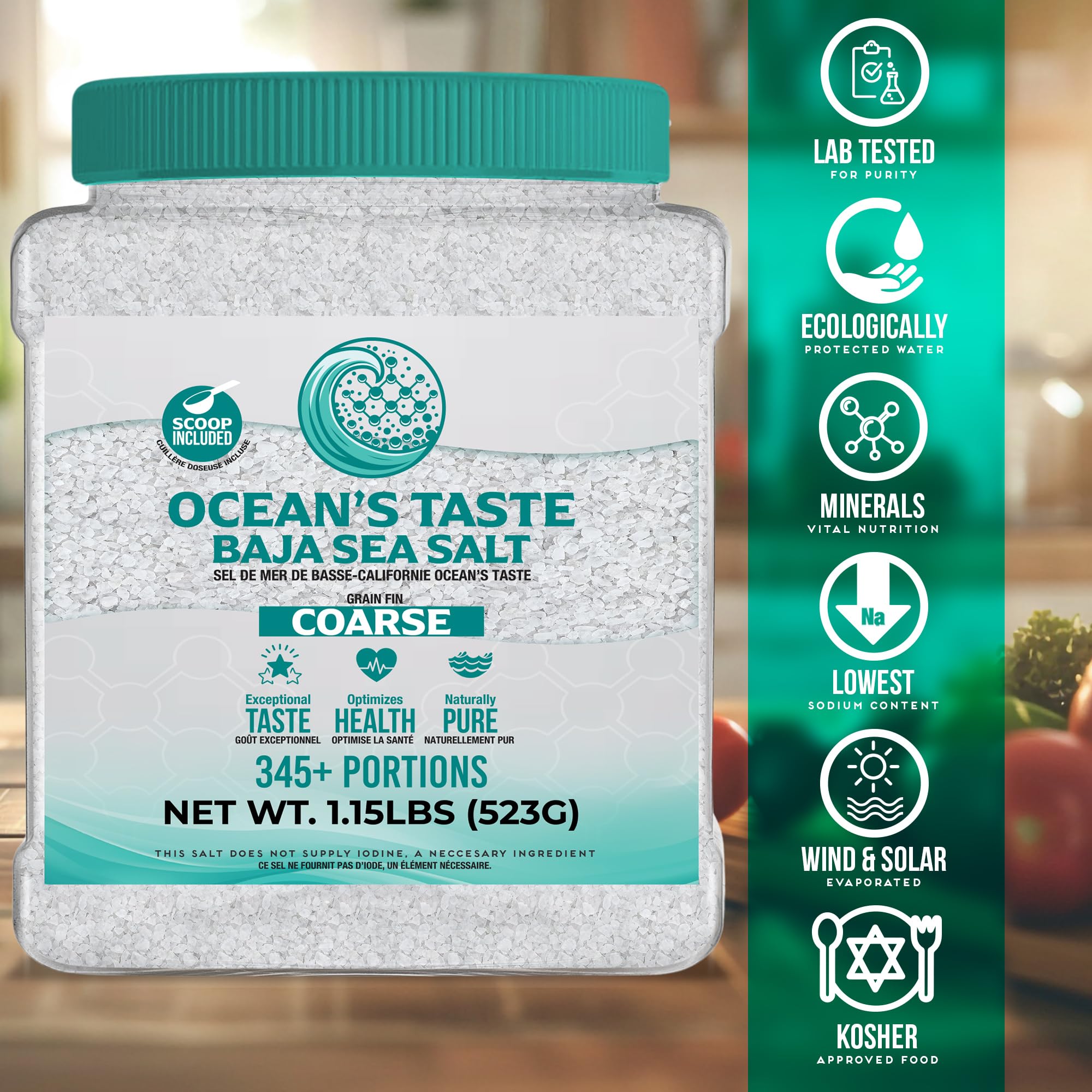 1.15 Pound Jar Ocean's Taste Baja Sea Salt, Coarse Natural Grain, 4X More Minerals than Celtic Salt, 30% Less Sodium, Mineral Salt Ideal for
