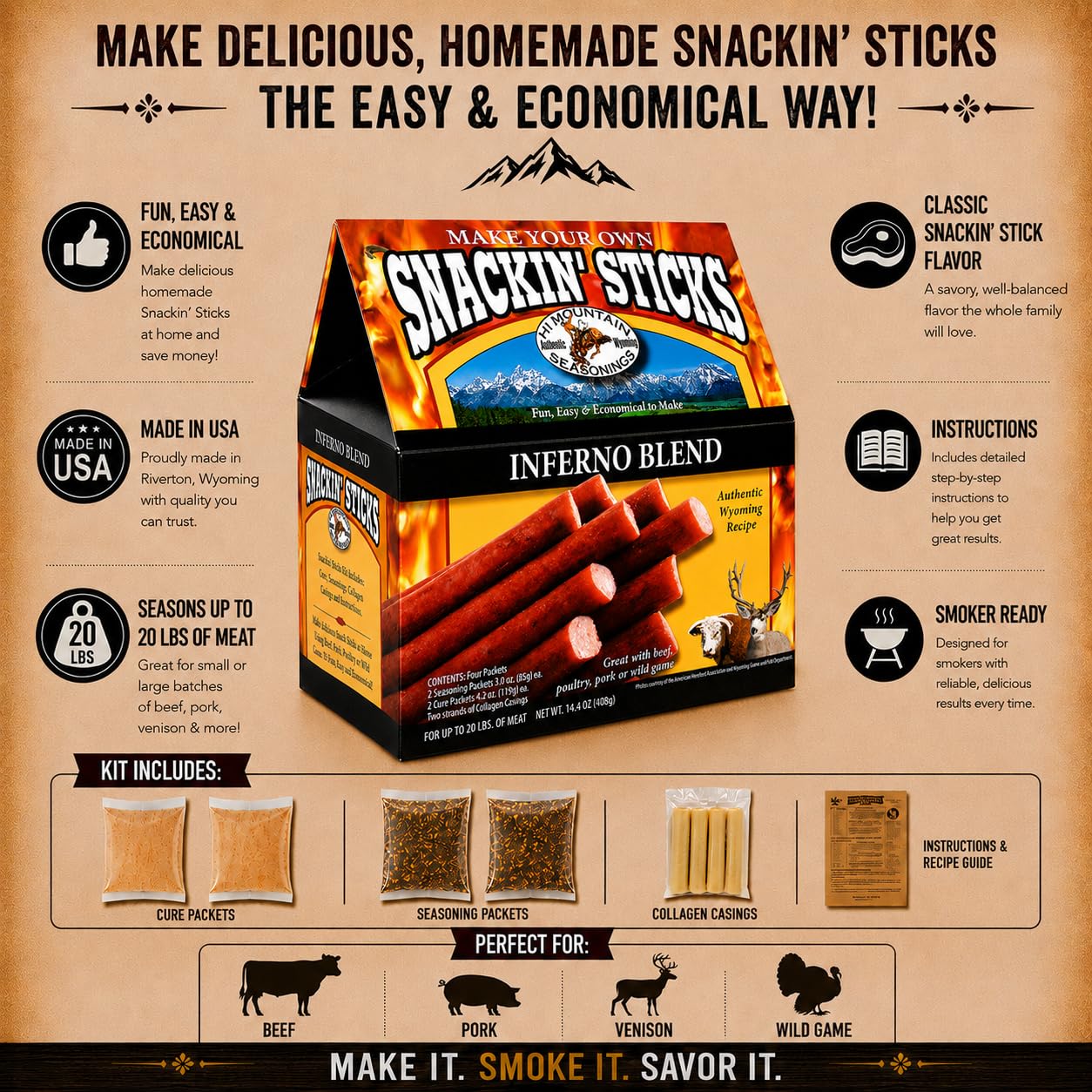 Hi Mountain Seasonings ? Snack Stick Seasoning Kit ? INFERNO BLEND ? Includes Seasoning, Cure, Casings, & Directions ? Seasons up to 20 lbs of Meat ?