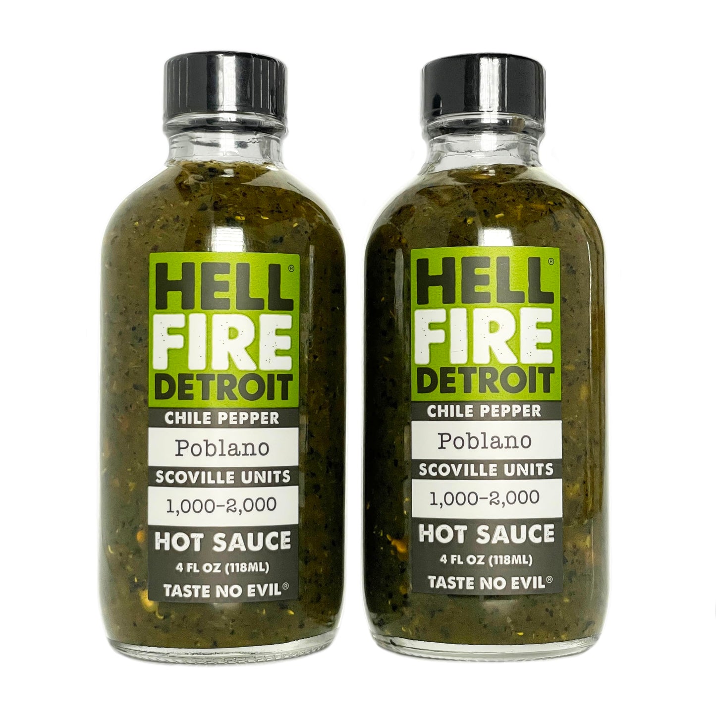 Hell Fire Detroit Poblano Hot Sauce (Mild), Crafted with Fresh, Fire-Roasted Poblano Chile Peppers, All-Natural, Vegan, Gluten-Free, Low Sodium - 4 Fl