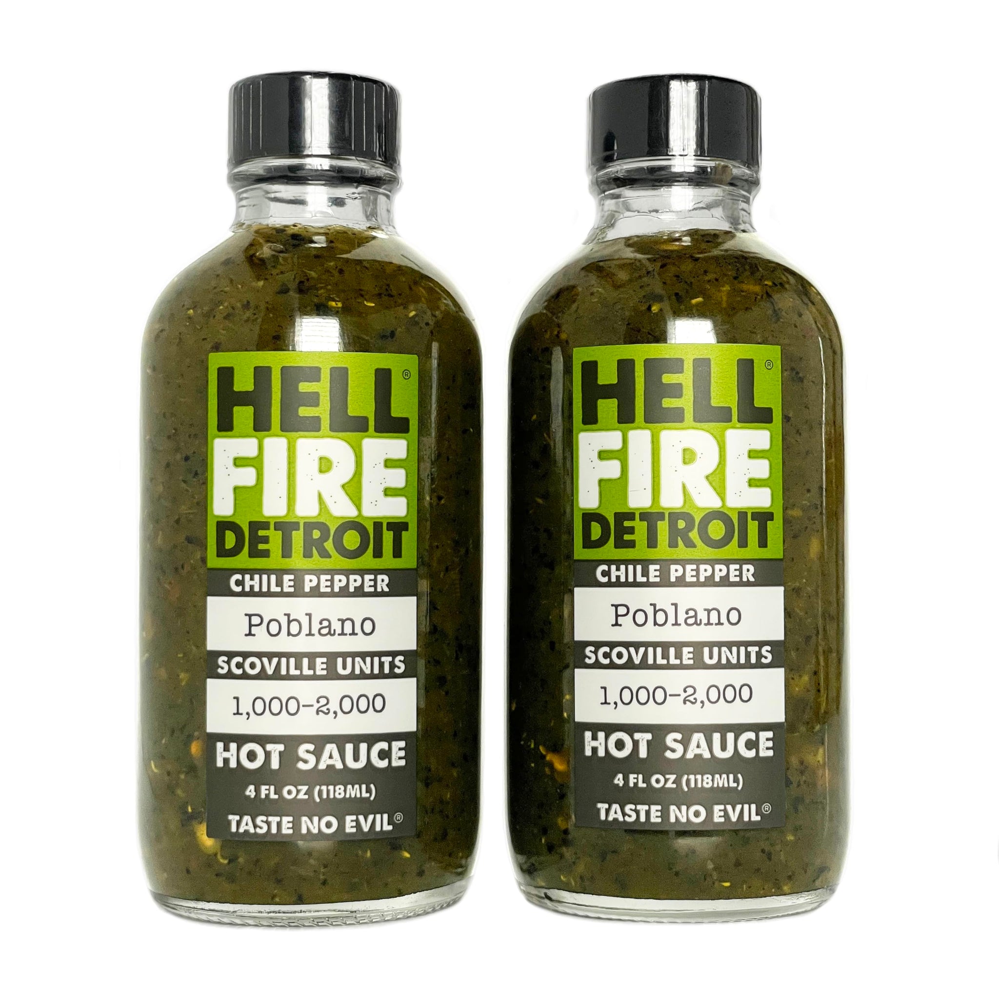Hell Fire Detroit Poblano Hot Sauce (Mild), Crafted with Fresh, Fire-Roasted Poblano Chile Peppers, All-Natural, Vegan, Gluten-Free, Low Sodium - 4 Fl