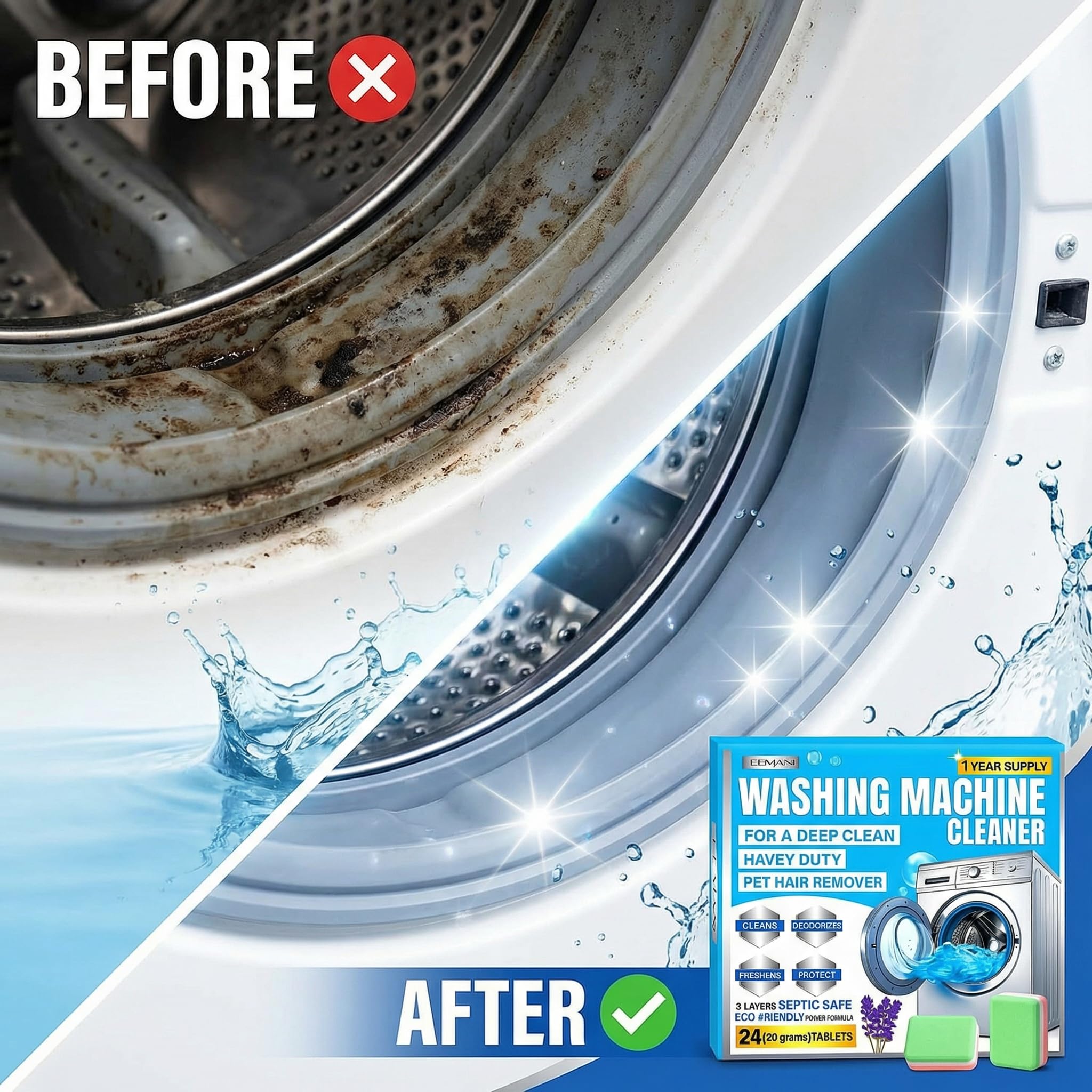 EEMANI Washing Machine Cleaner Tablets 24 Pack - Deep Cleaning for HE Front & Top Load Washer, 20g Tablets, Freshener for Drum & Tub - 1 Year Supply