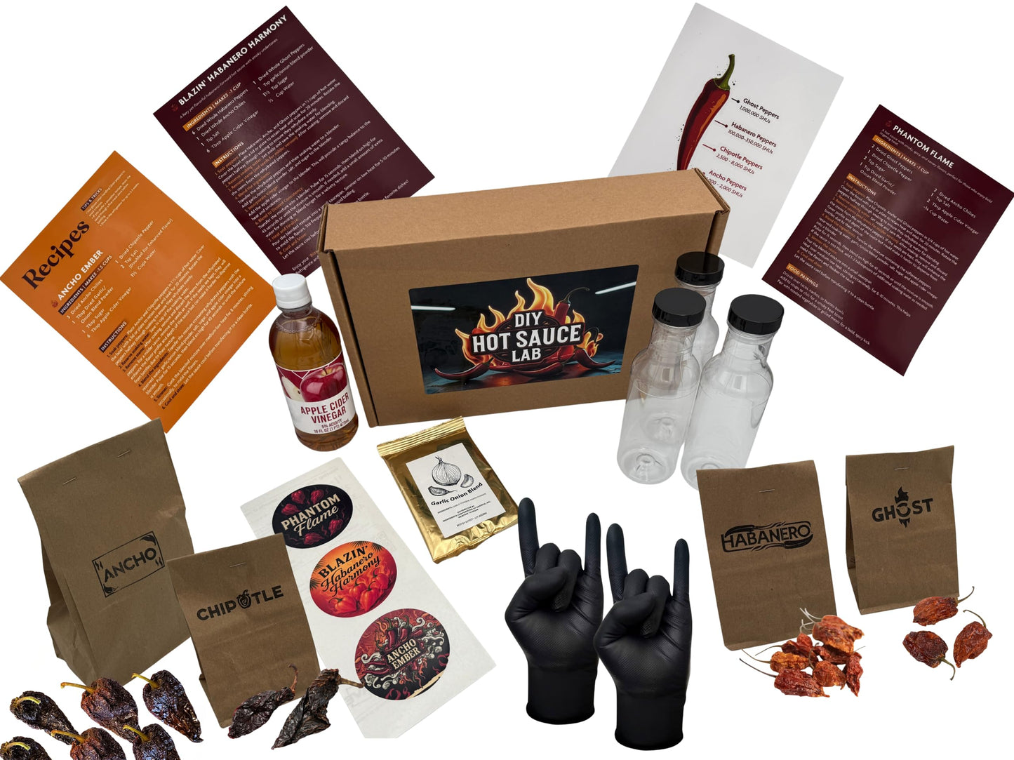 DIY Hot Sauce Kit Lab - Craft 3 Unique Chili Pepper Sauce Bottles Using Ghost Peppers, Chipotle, Ancho and Habanero - Everything includes to make 3