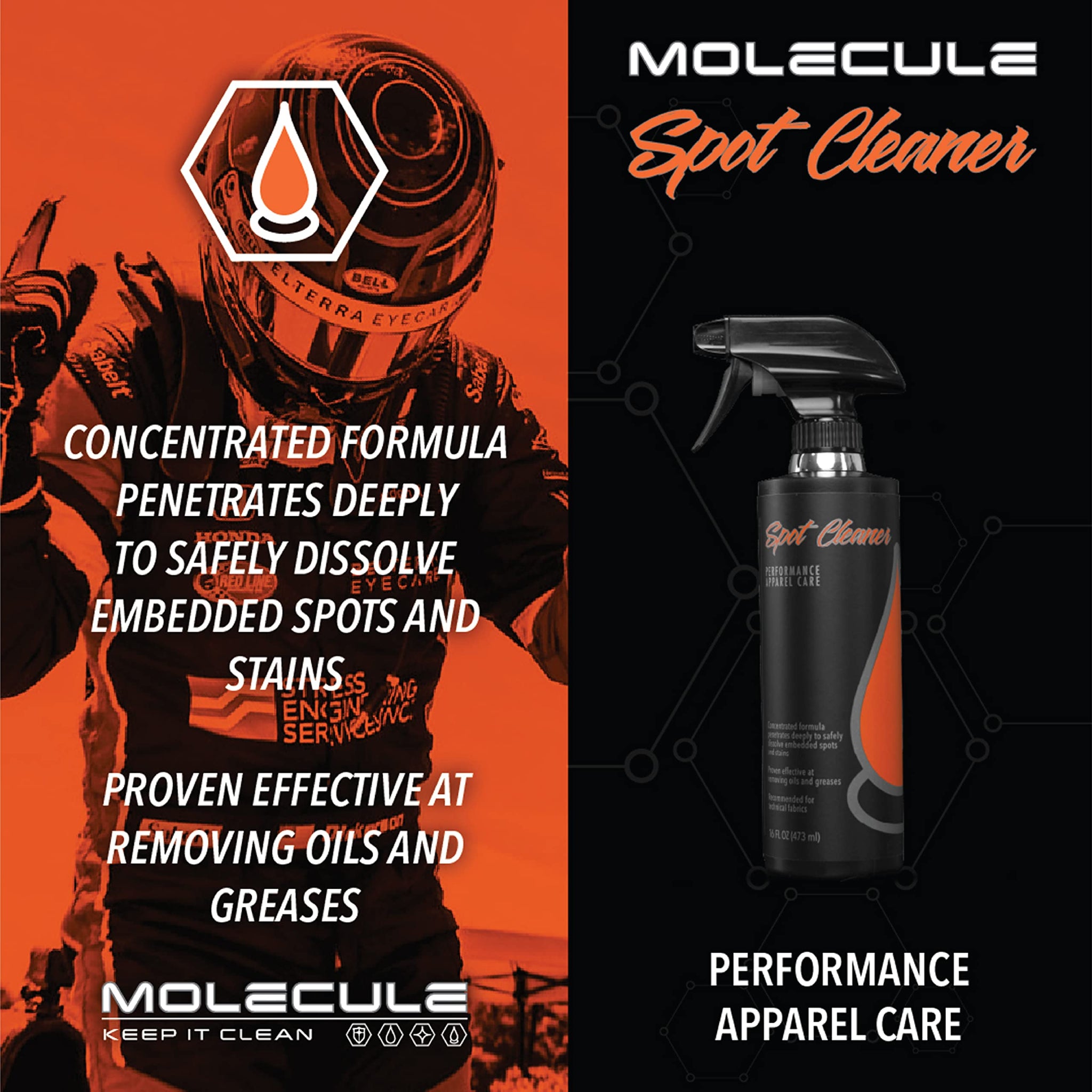 Molecule Spot Cleaner Spray | Performance Apparel Care | Removes Tough Spots and Stains on Racing Suits & Technical Fabrics | 4 Ounces
