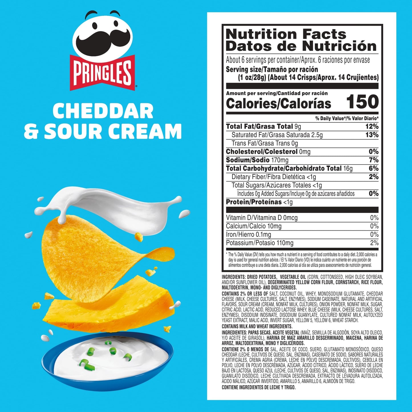 Pringles Potato Crisps Chips, Lunch Snacks, On-The-Go Snacks, Cheddar and Sour Cream, 5.5oz Can (One Can)