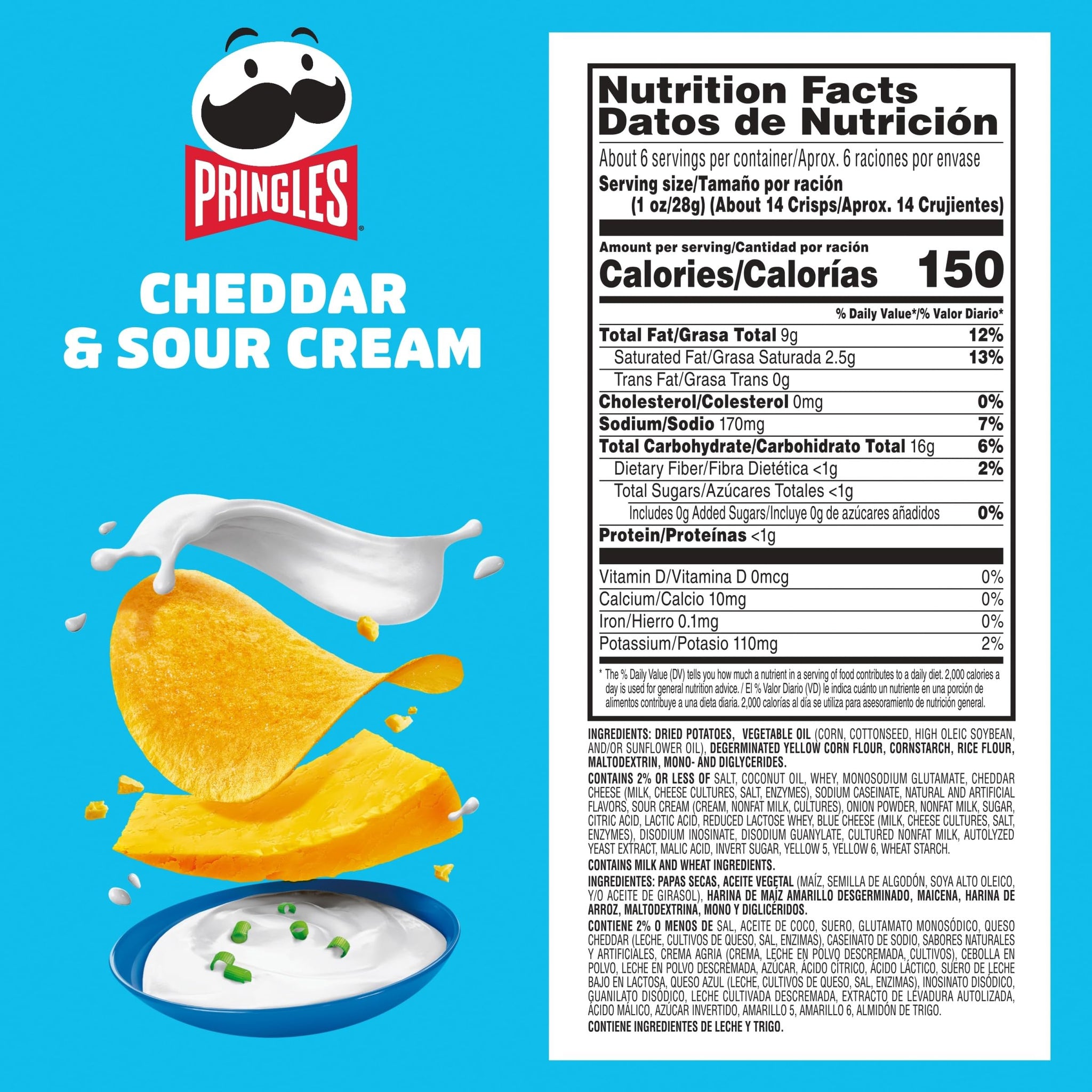 Pringles Potato Crisps Chips, Lunch Snacks, On-The-Go Snacks, Cheddar and Sour Cream, 5.5oz Can (One Can)