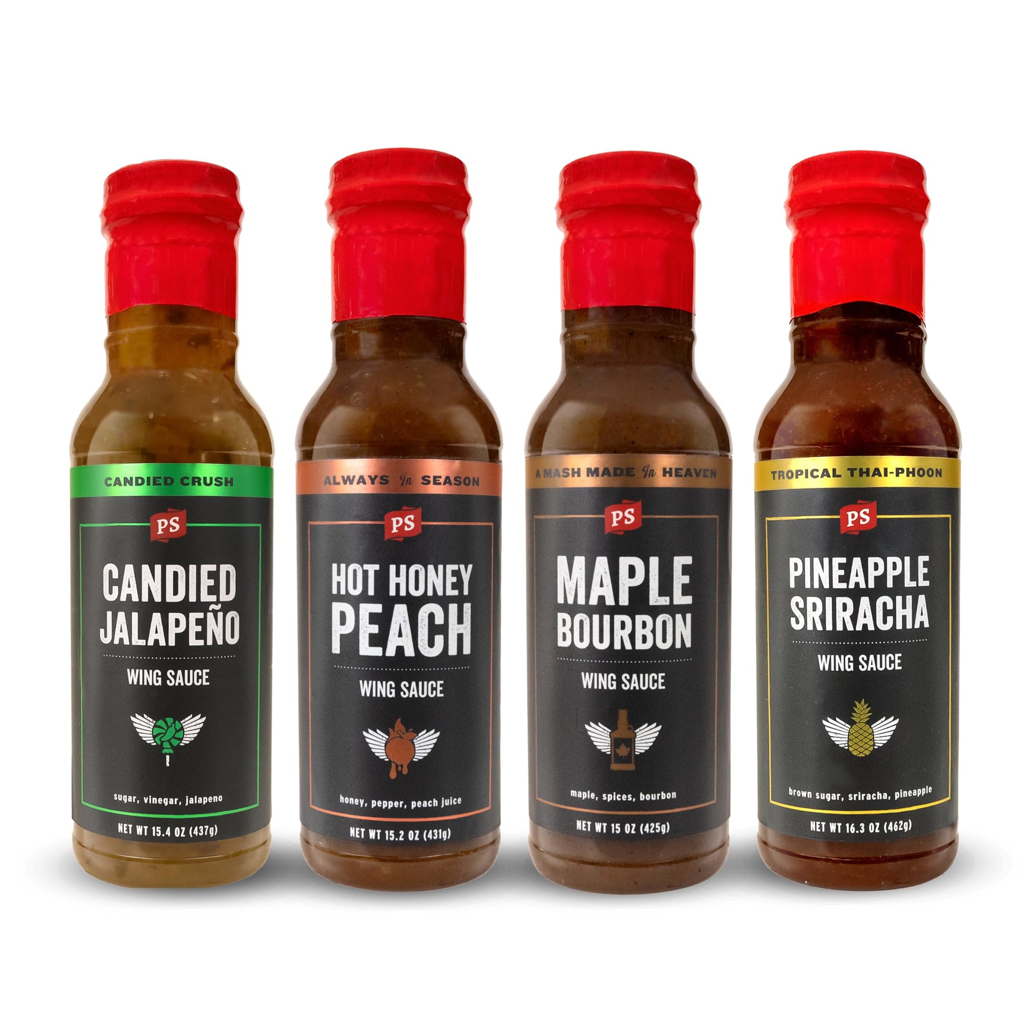 PS Seasoning Chicken Wing Sauce 4 Pack - Chicken Wing Sauces Variety Pack - Includes Candied Jalapeno, Pineapple Sriracha, Maple Bourbon, Hot Honey