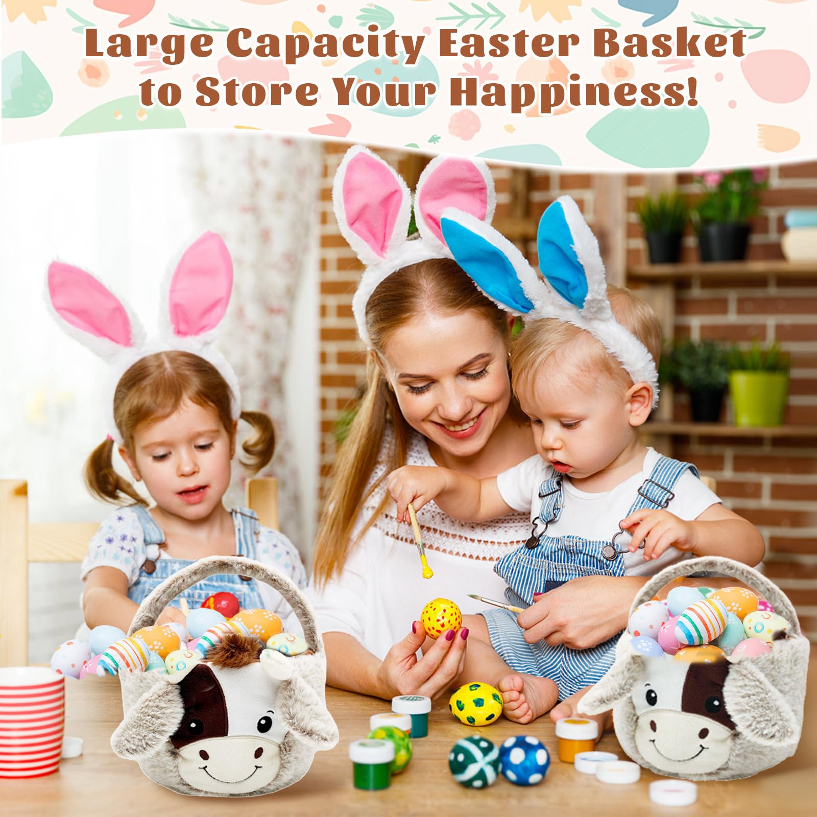Easter Basket, Cute Cow Plush Baskets, Easter Egg Hunt Buckets, Easter Decorations Indoor Outdoor, Cute Easter Gifts for Kids, Adults, Teens