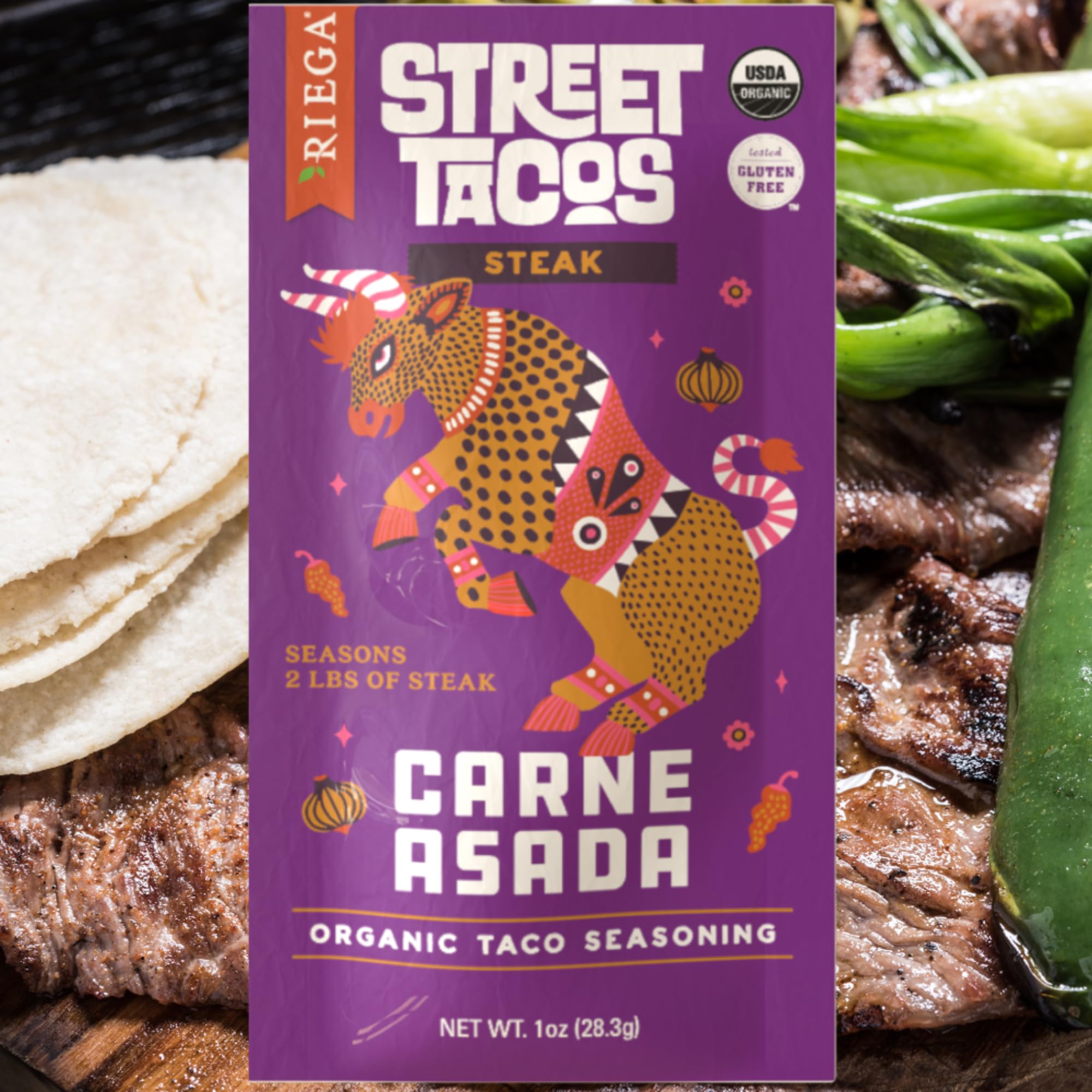Riega Street Taco Seasoning, Organic Mexican Spice Blend for Cooking Authentic Meals, Carne Asada, 1 oz Packets, 8 Count