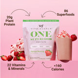 VitaHustle ONE Vegan Strawberry Protein Powder - 20g Plant Protein Meal Replacement with 86+ Superfoods & Greens, Probiotics + No Bloat Digestive