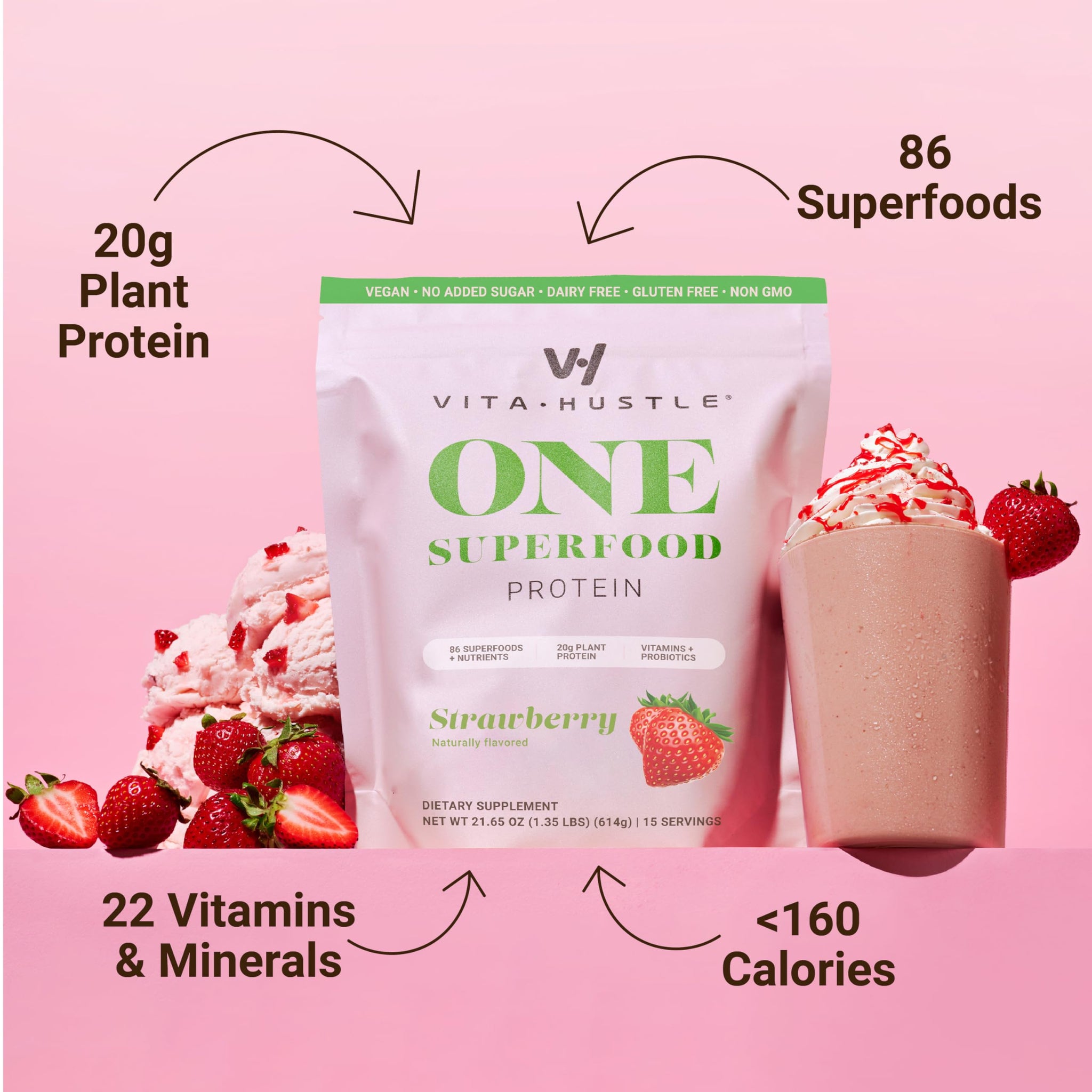 VitaHustle ONE Vegan Strawberry Protein Powder - 20g Plant Protein Meal Replacement with 86+ Superfoods & Greens, Probiotics + No Bloat Digestive