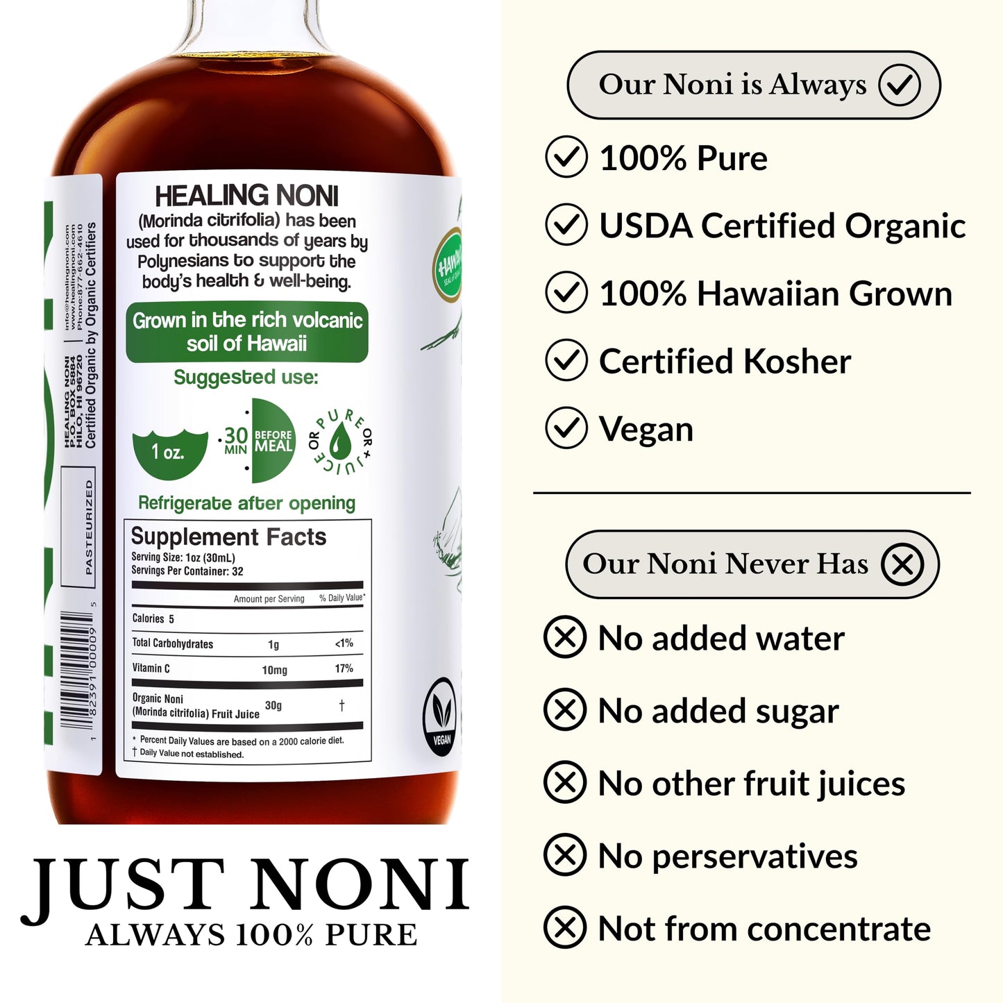 Healing Noni - 100% Pure Noni Juice - USDA Organic, Full Strength, Wellness Drink, Hawaiian-Grown Superfood - (32oz, 4 Pack)