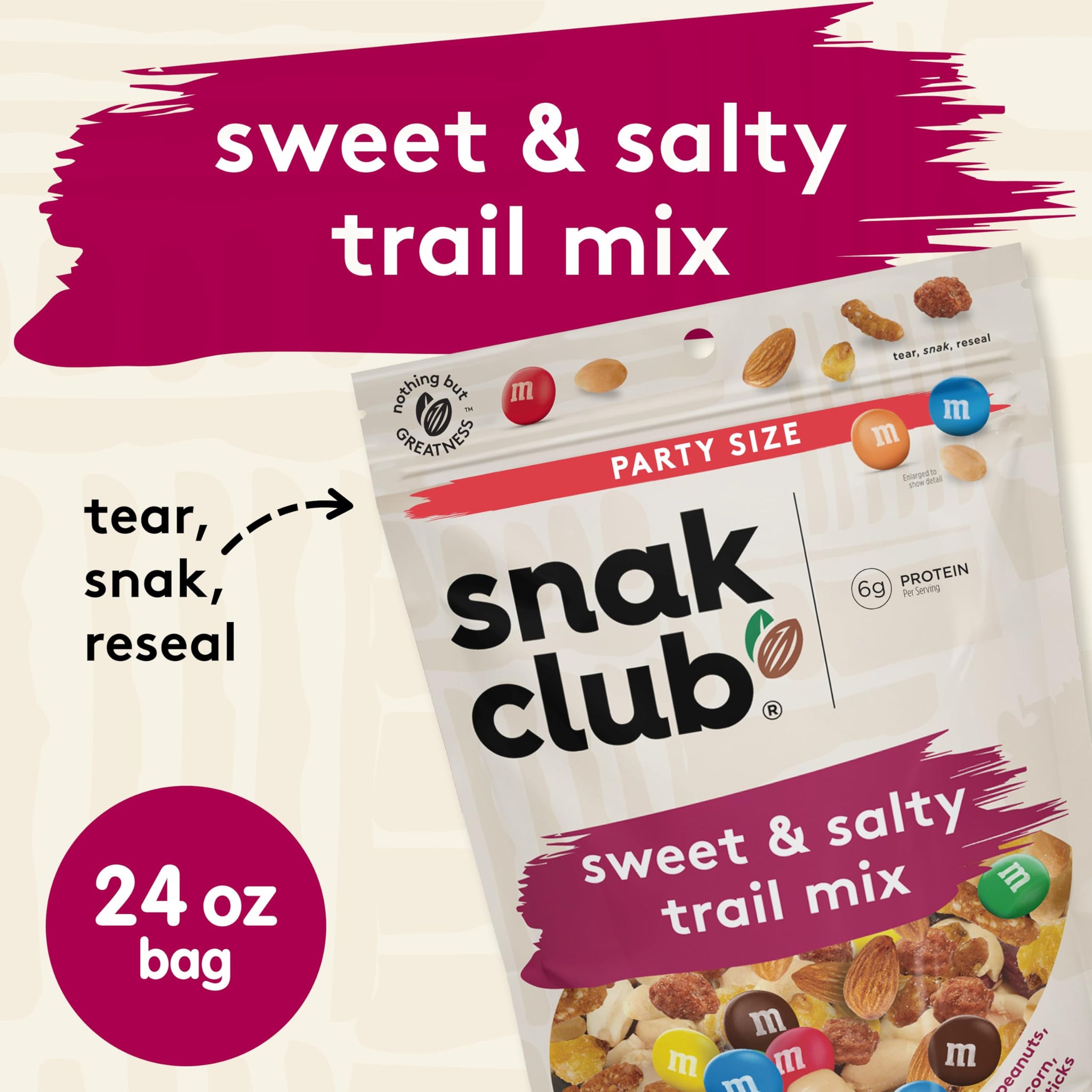 Snak Club Sweet and Salty Trail Mix with Peanuts, Butter Toffee Peanuts, M&M'S Chocolate Candies, Toasted Corn, Honey Sesame Sticks, and Almonds