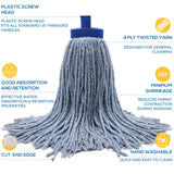 Kleen Handler Wet Mop Replacement Head - Heavy Duty Cotton Blend, Screw-On Mop Refills with Plastic Socket, Fits Standard Threaded Handles, Commercial
