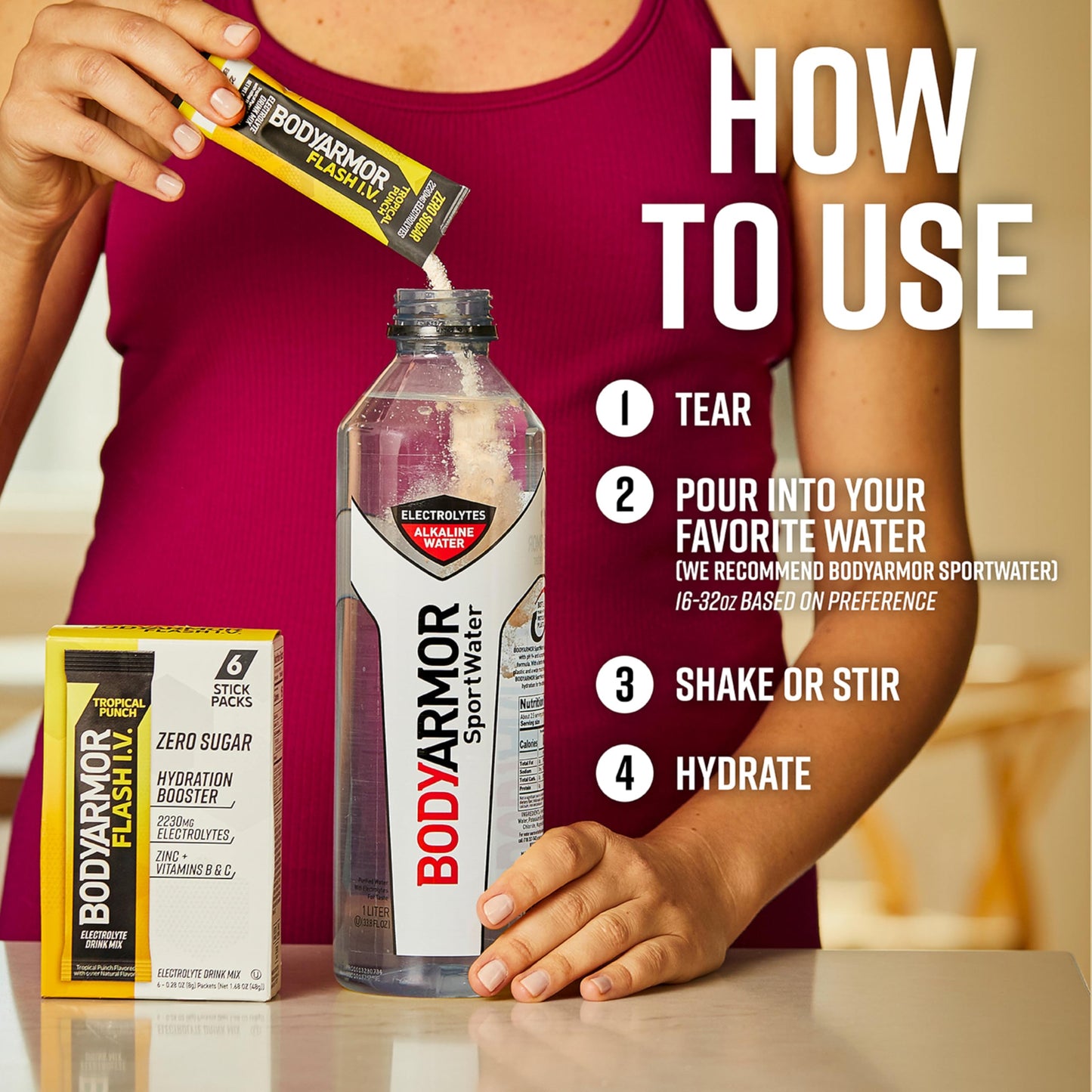 BODYARMOR Flash I.V. Electrolyte Packets, Tropical Punch, Zero Sugar Drink Mix, Single Serve Packs, Coconut Water Powder, Hydration for Workout