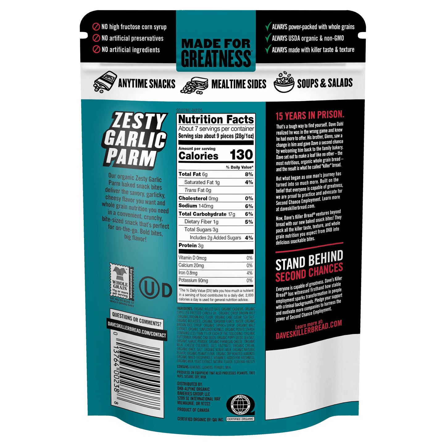 Dave's Killer Bread Zesty Garlic Parm Organic Snack Bites, Garlic Parmesan Snacks, 7.2 oz