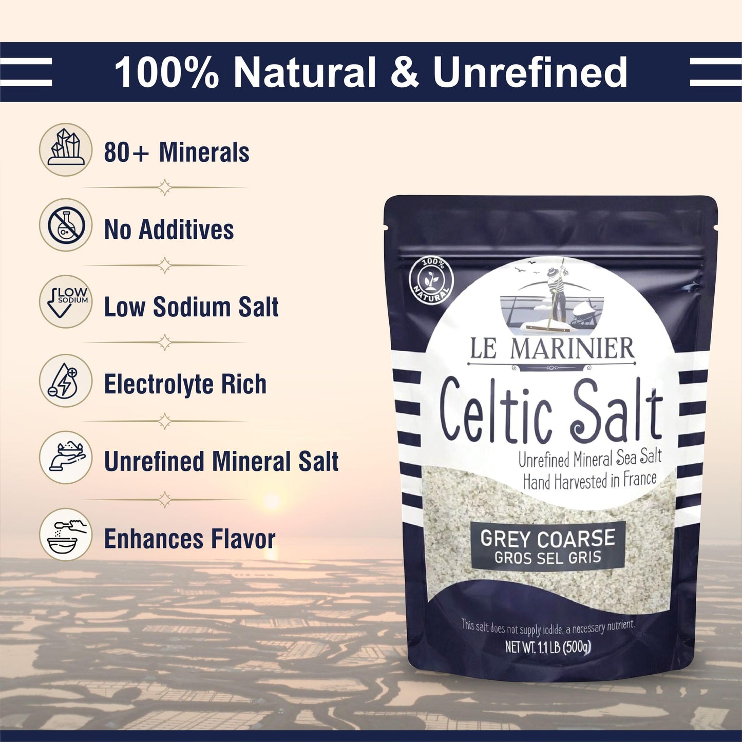 Le Marinier Celtic Salt Organic Grey Coarse, 5lb. Mineral Rich 100% Natural and Unrefined French Sea Salt Organic. Hand Harvested Mineral Sea Salt