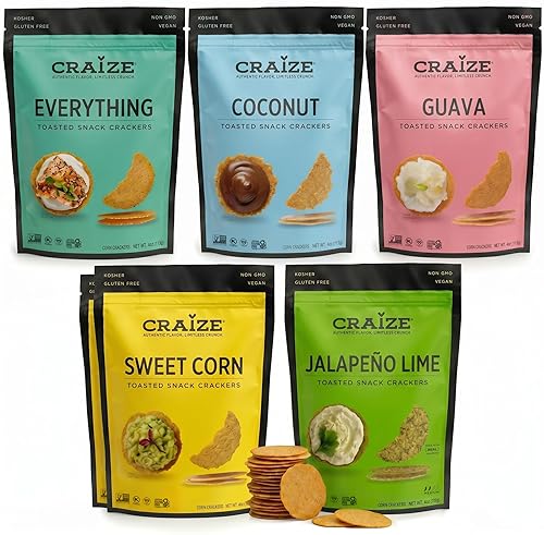 Craize Variety Pack | Sweet Corn x2, Coconut, Guava, Everything, Jalapeno Lime Crisps | Gluten Free, Vegan, Toasted Corn Crackers | 6 pack, 4 oz each