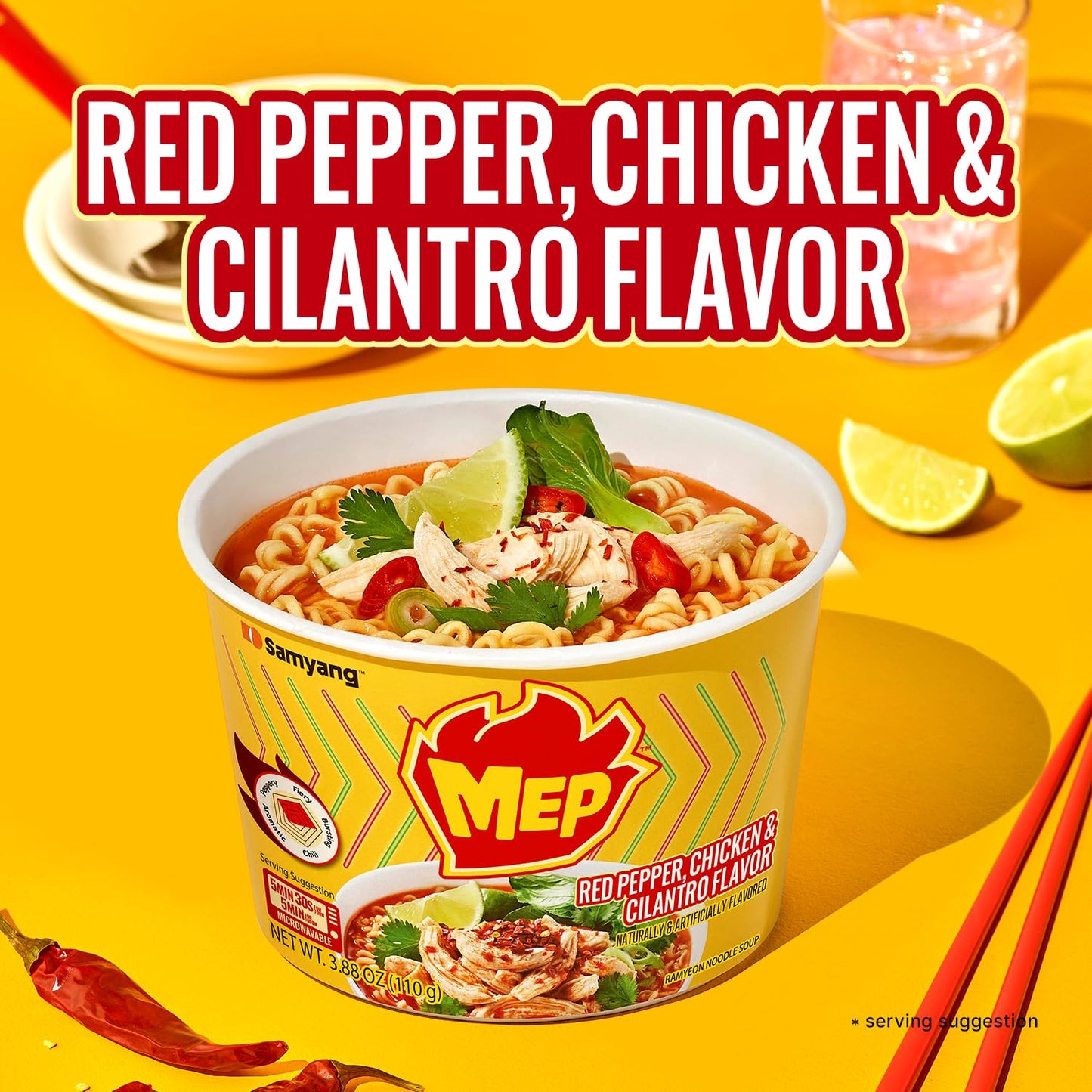 Samyang MEP Chicken Cilantro Ramen, Spicy Korean Instant Bowl Noodle Soup, Savory Bone Broth Ramyeon, Lime Freshness, 3.88 oz (Pack of 6 Bowls)