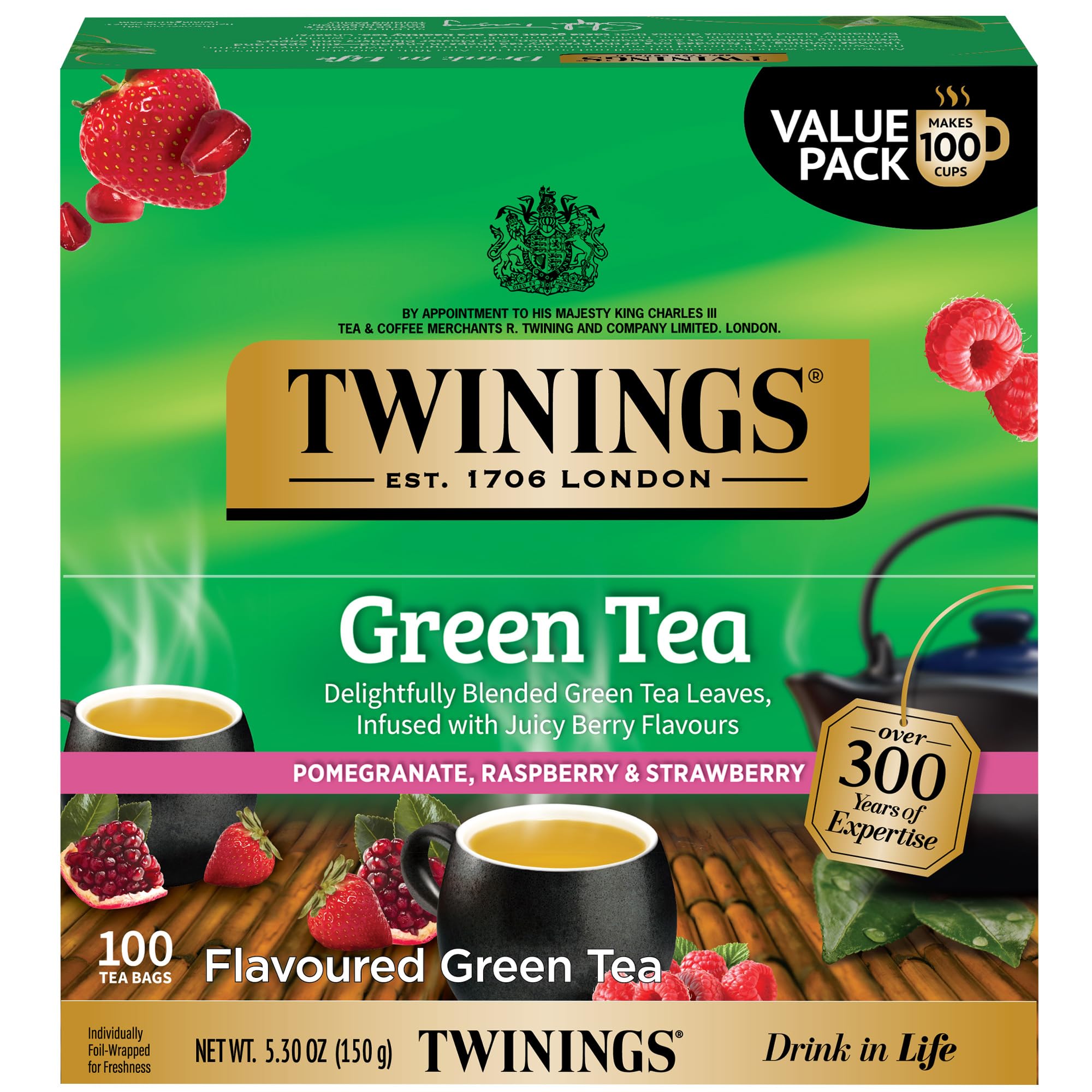 Twinings Green Tea with Pomegranate, Raspberry, & Strawberry Individually Wrapped Bags, 100 Count (Pack of 1), Caffeinated, Enjoy Hot or Iced, 100