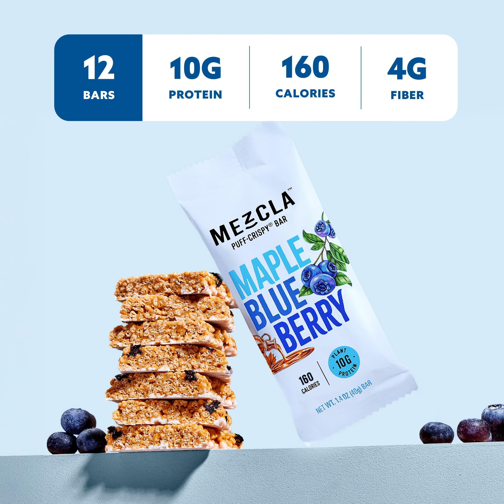 Mezcla Puff-Crispy Plant Based Protein Bars - Maple Blueberry - Healthy Snacks for Adults & Kids - Granola Bars for School, Travel, Office Snacks