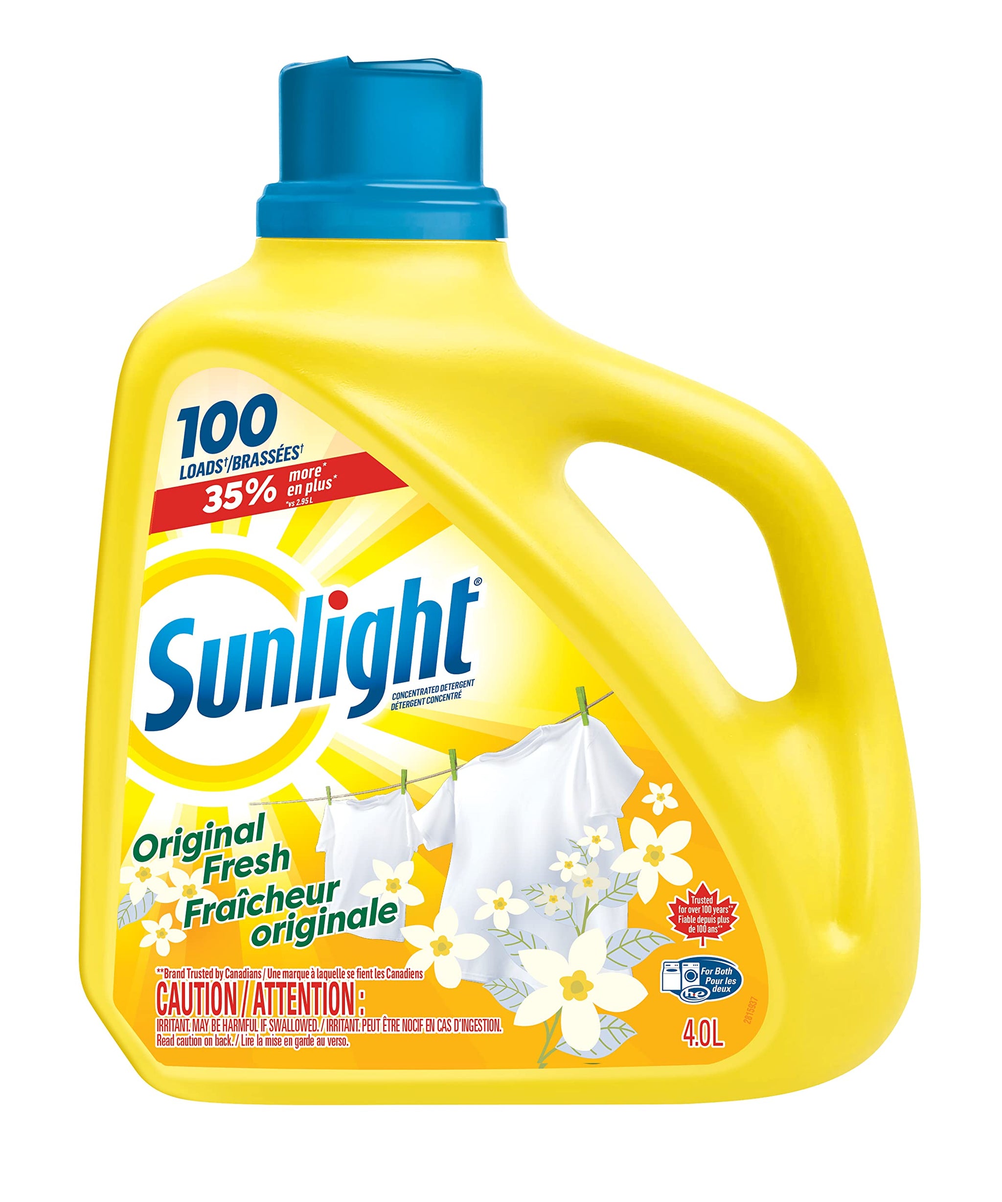 Sunlight Detergent Original Lemon Fresh (100 loads, 4.0L) with Concentrated Formula, Laundry Detergent Liquid for Exceptional Cleaning and Stain