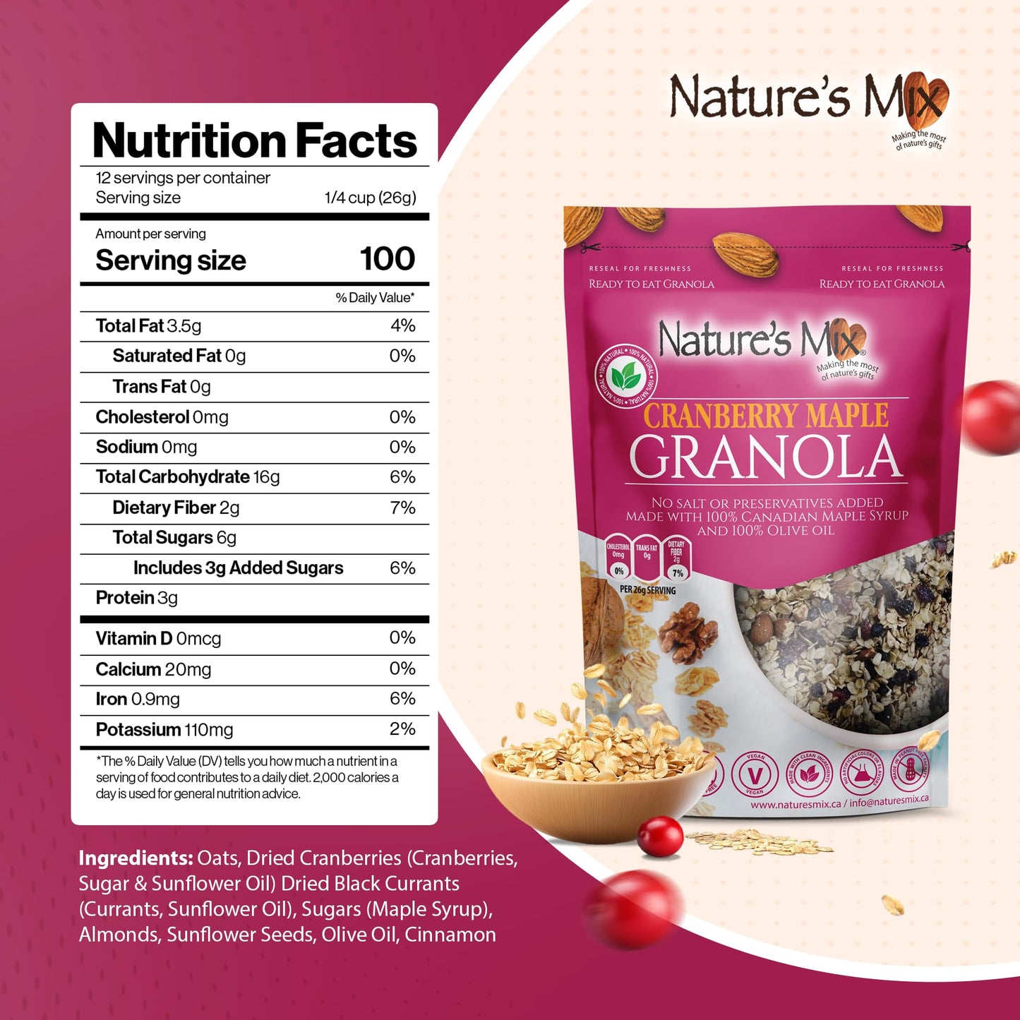 Nature's Mix - Cranberry Maple Granola - Cranberries, Almonds, Maple Syrup, Currants, Olive Oil, Sunflower Seeds, Cinnamon - Small