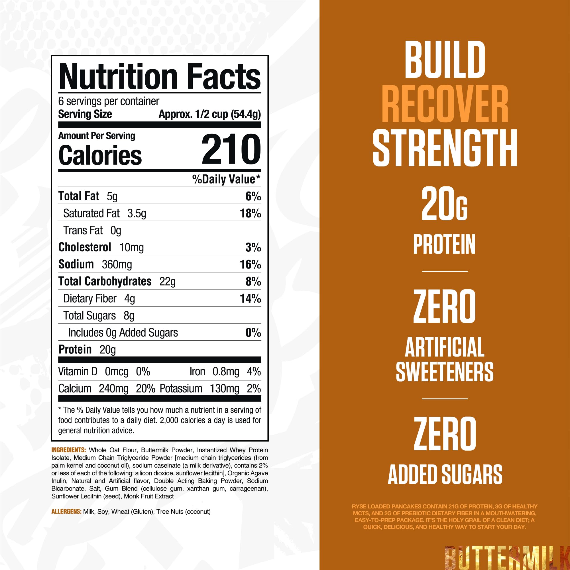 RYSE Loaded Protein Pancake & Waffle Mix - Buttermilk - Naturally Sweetened Breakfast with 21g Protein, 3g MCTs and 2g Fiber - No Added Sugar - High Protein Snack for Clean Energy - 6 Servings
