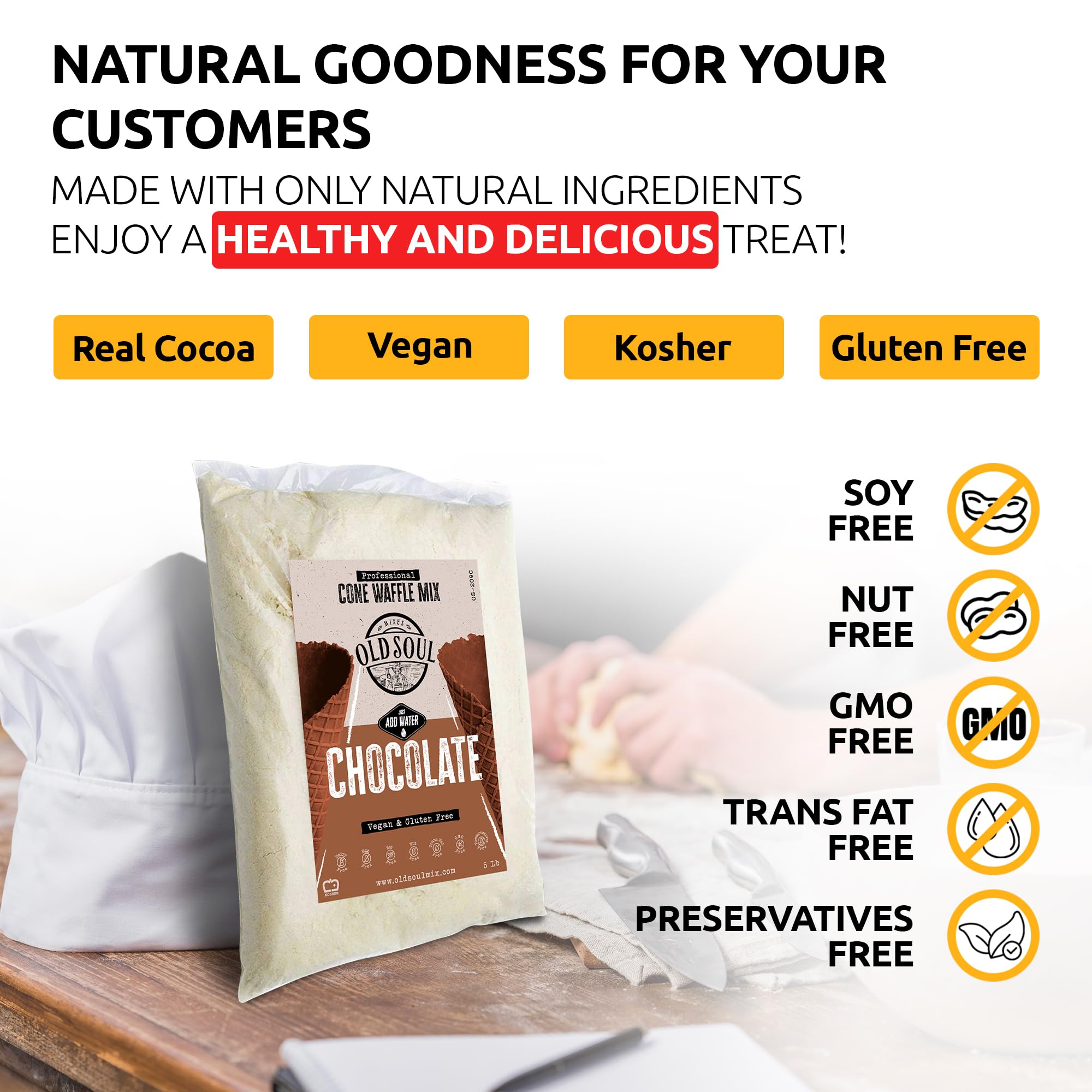 OLDSOUL Professional Cone Waffle Mix | GLUTEN FREE & VEGAN | 10 Lbs | Chocolate Flavor | Batter Mix | 224 Cone Waffles (10 Lbs, Gluten Free & Vegan)