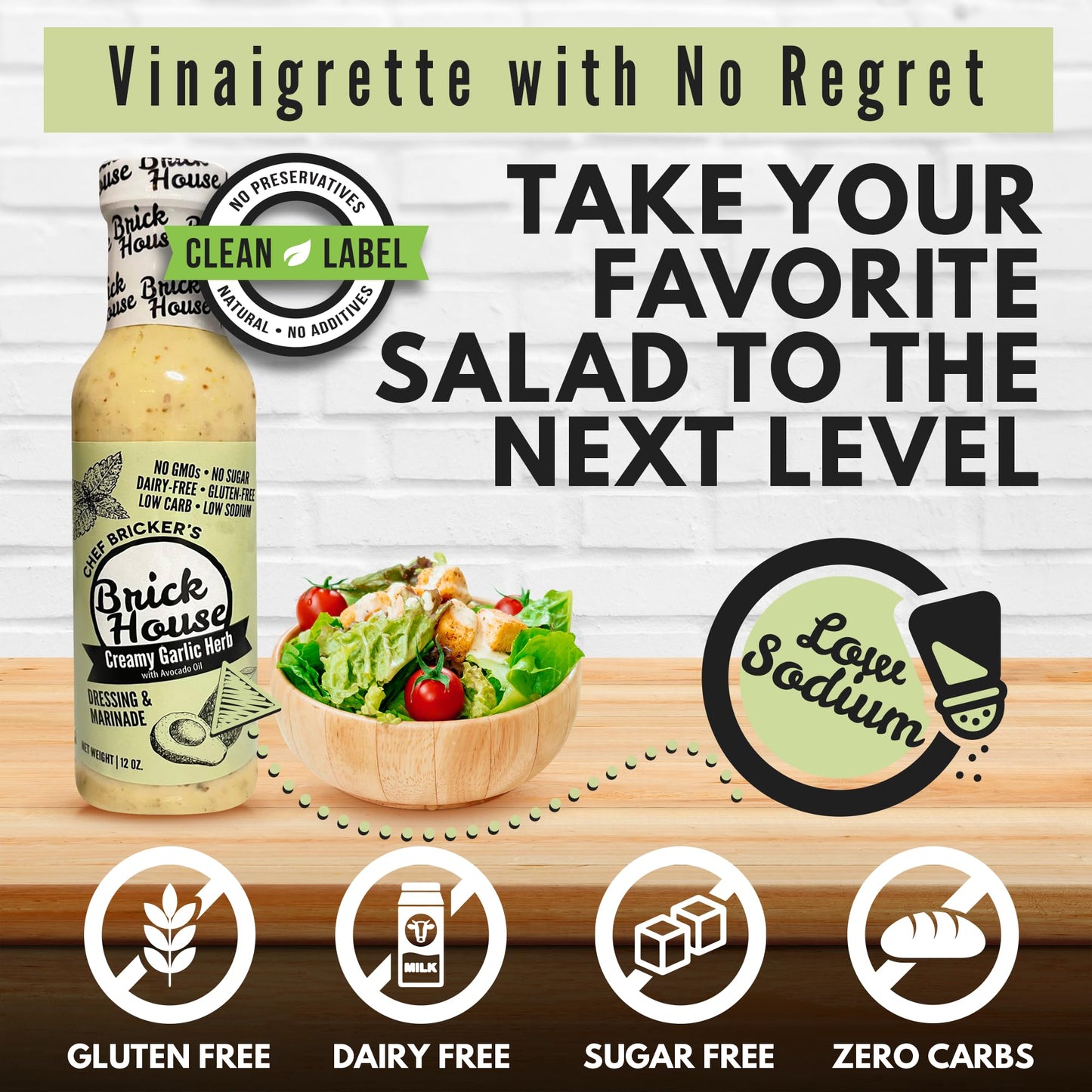 Brick House Creamy Garlic Herb Vinaigrette Dressing & Marinade, 12 oz, Low Sodium, Zero Carb, Dairy Free, Gluten Free, Non-GMO, No Sugar, Keto