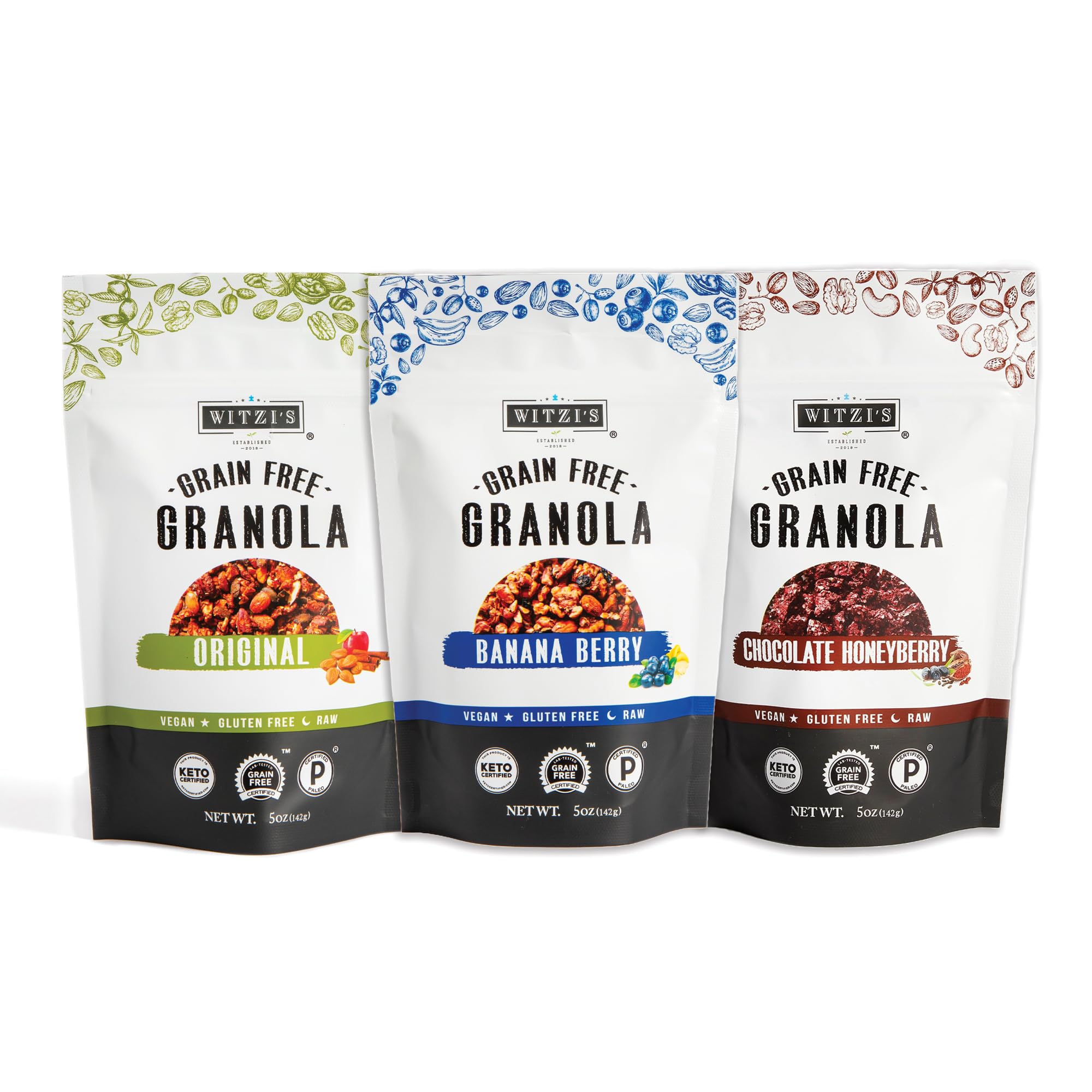 Witzi's Grain Free Granola, Variety Pack, 5oz (Pack of 3), Original, Banana Berry, Chocolate Honeyberry, Made with Almonds, Walnuts & Pecans, Vegan