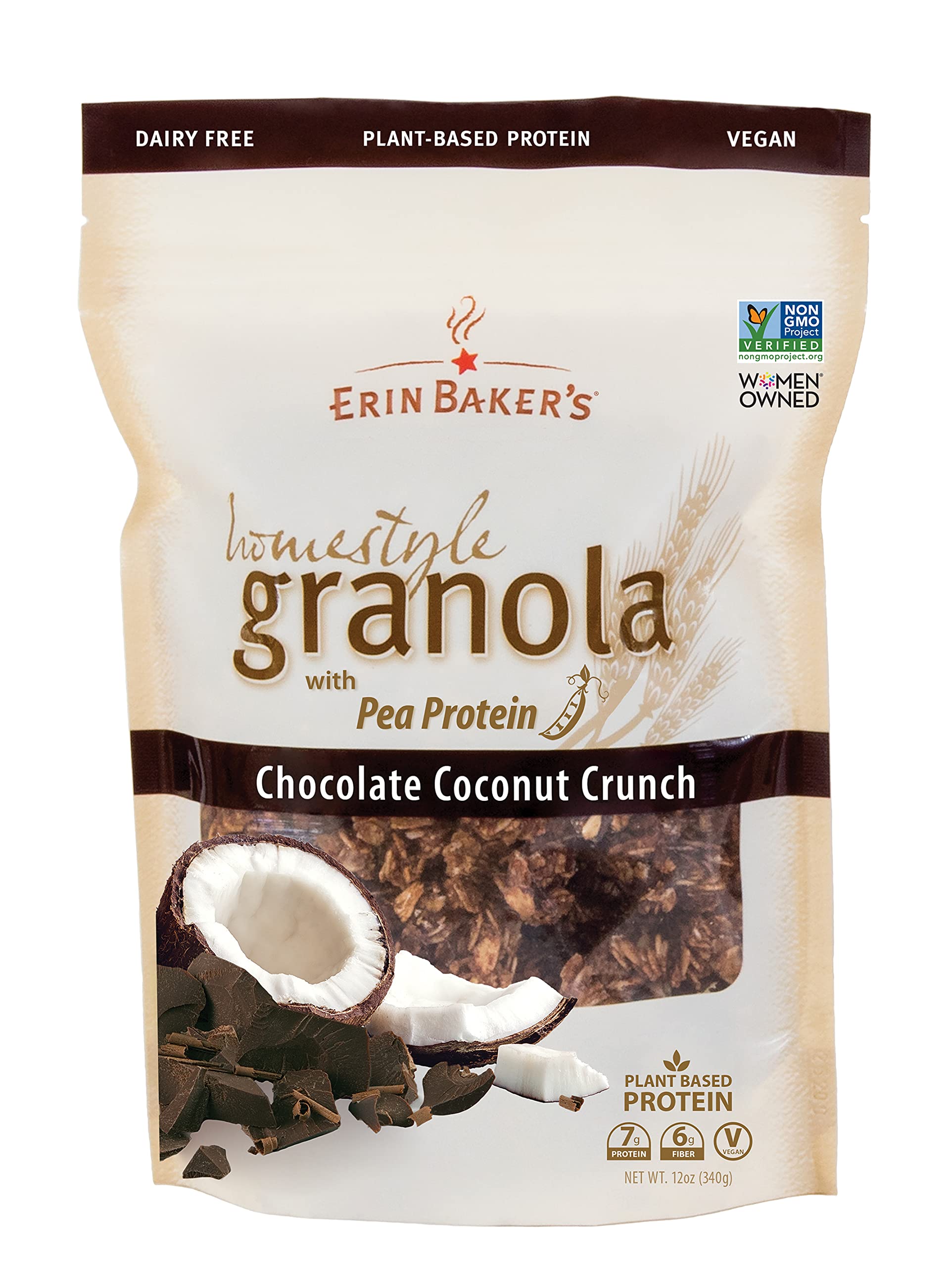 Erin Baker's Homestyle Granola, Chocolate Coconut Crunch, Vegan, Ancient Grains, Non-GMO, Pea Protein, Granola Cereal, 12 Ounce Bag