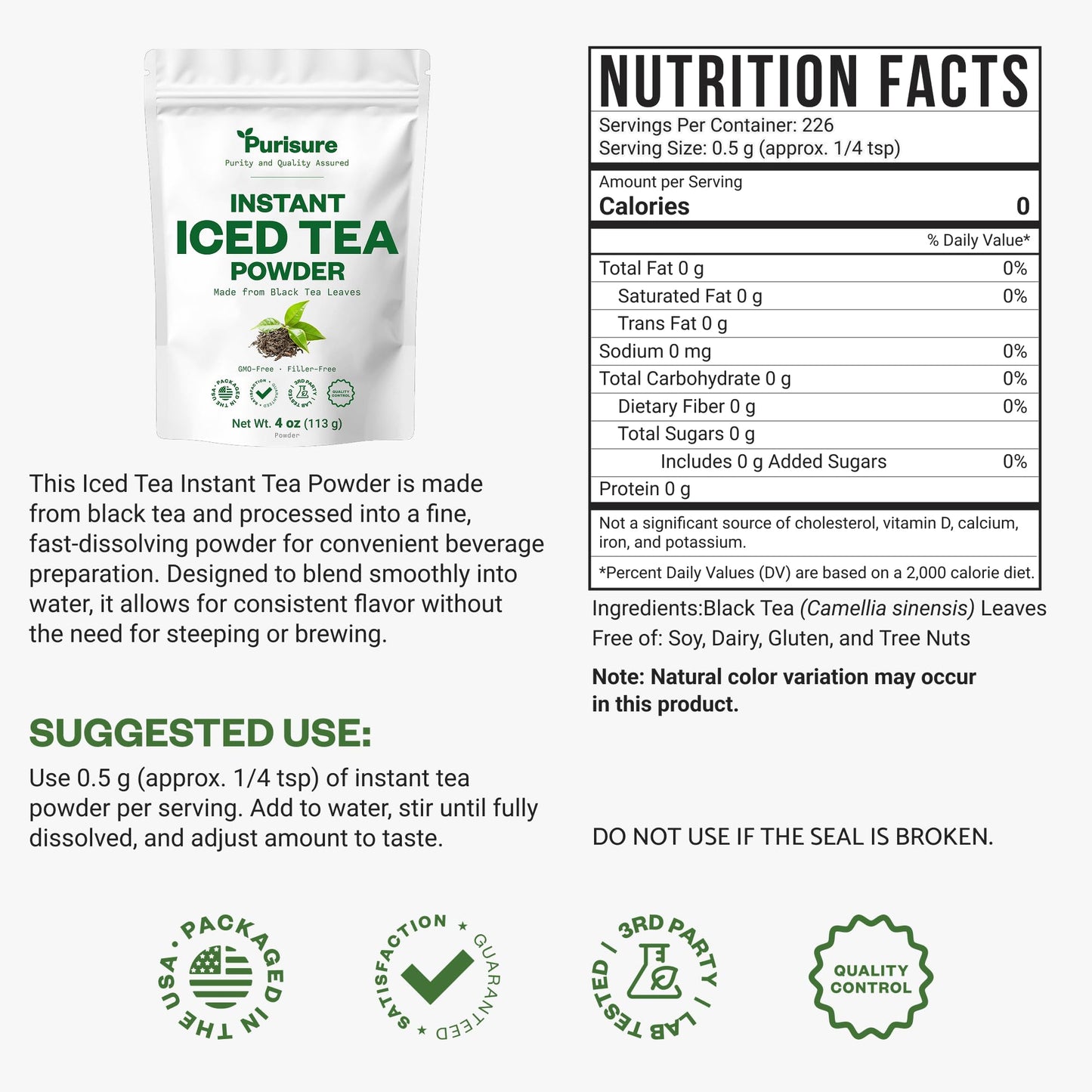 Purisure Unsweetened Instant Black Iced Tea Powder - Made from Real Tea Leaves, No Lemon Flavor, Sugarless, Zero- Calories, Dissolves in Cold Water