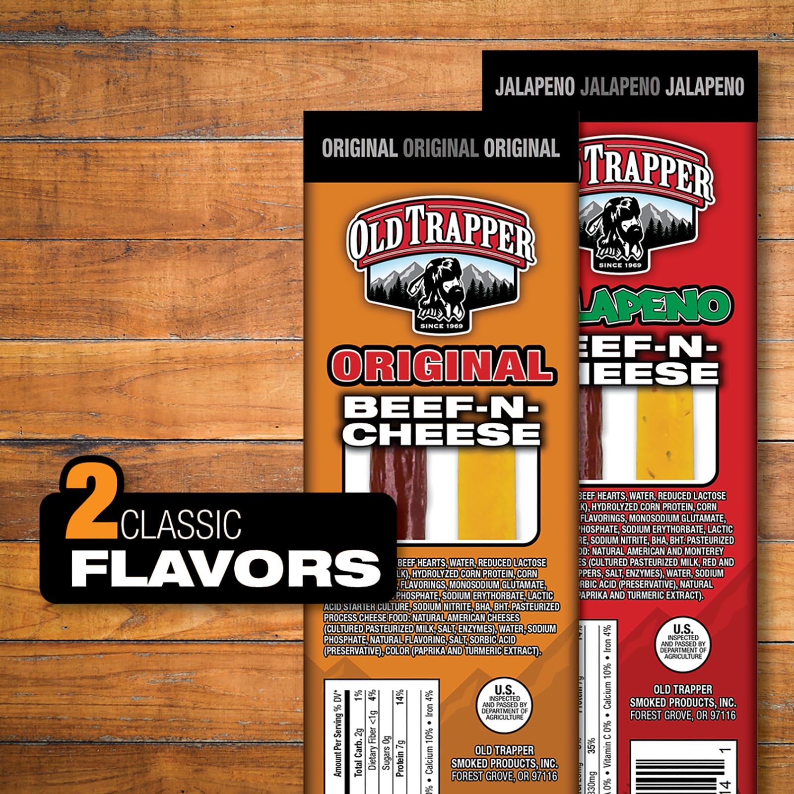 Old Trapper Beef-N-Cheese, Original 1.3-Ounce Individual Package, Savory Beef Stick and American Cheese Snack Pack, Great Snack for Lunch Boxes or