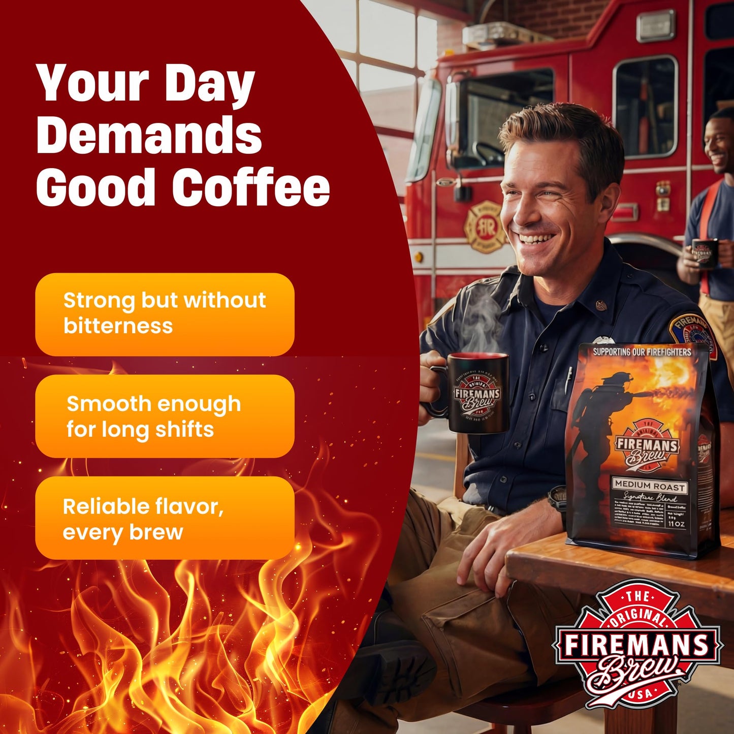 Firemans Brew Medium Roast Coffee - Bold & Robust Ground Coffee - 100% Arabica Beans, Rich, Full-Bodied Flavor - Freshly Roasted Gourmet Coffee - Low