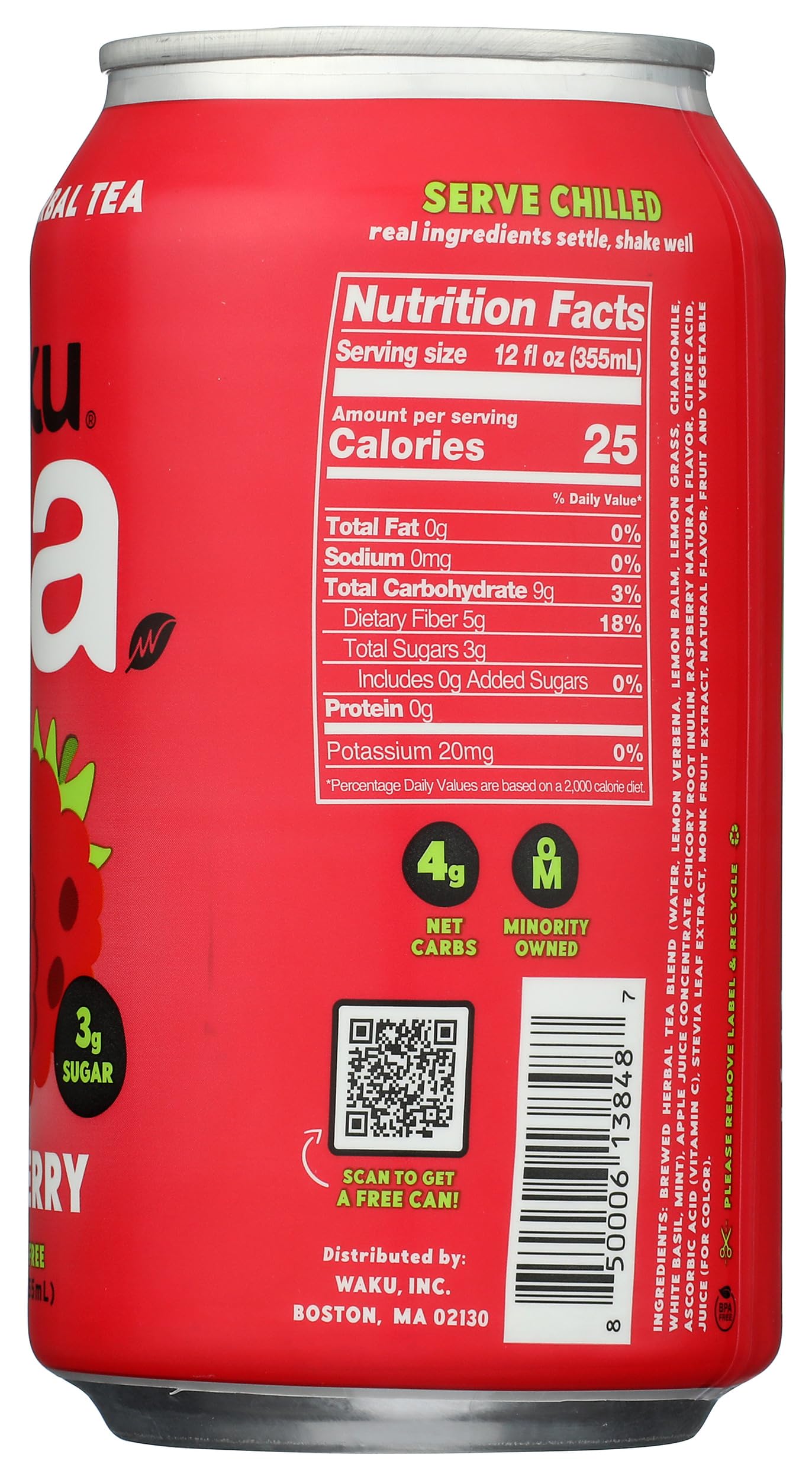 Waku, Tea Prebiotic Herbal Raspberry, 12 Fl Oz