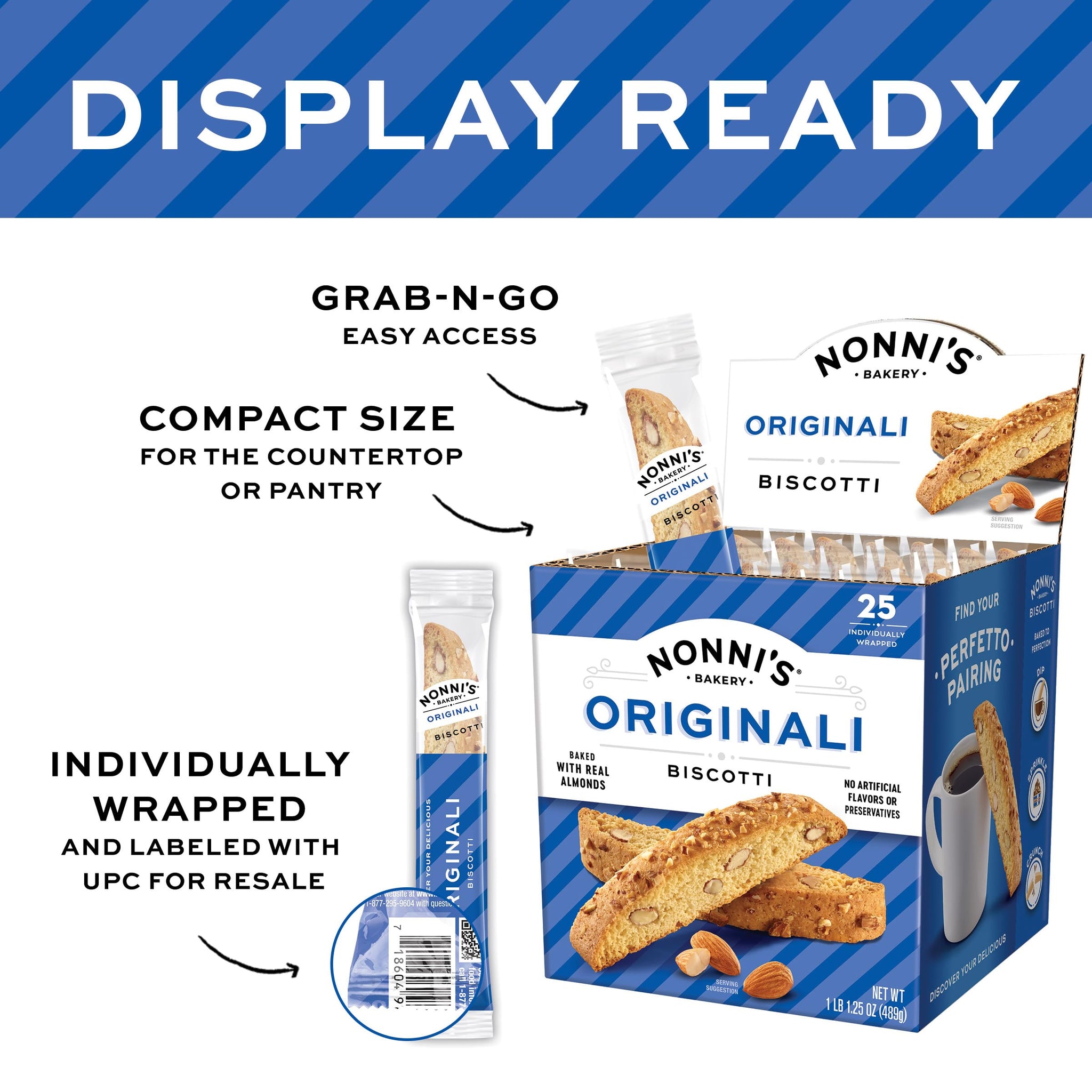 Nonni's Originali Classic Almond Biscotti Cookies - Individually Wrapped Italian Coffee Snack, Crunchy Twice-Baked, 80 Cal Each, 17.25 oz Carton