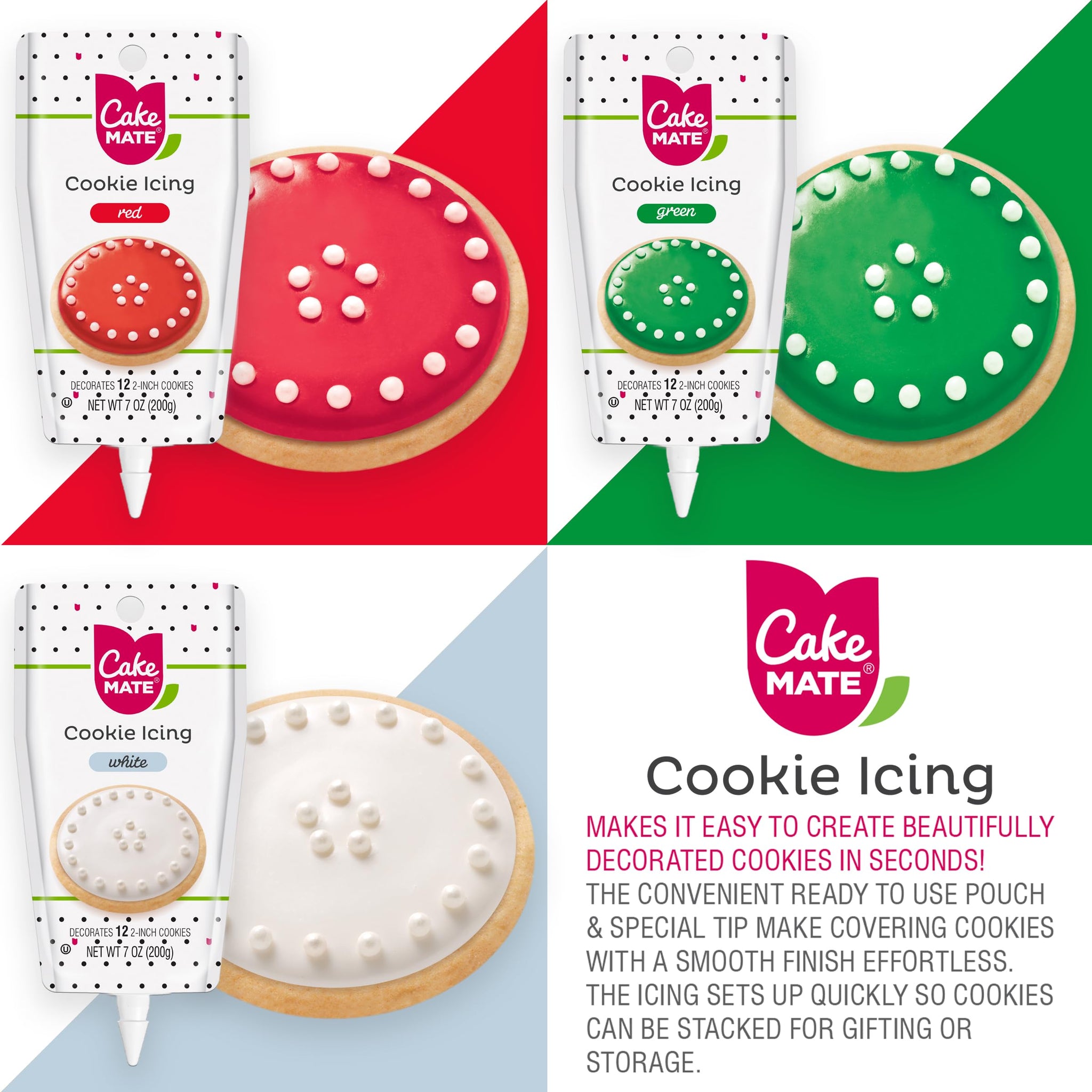 Cake Mate Christmas Cookie Decorating Kit - Red & Green Decorating Sugar (2.25 oz), White, Red & Green Cookie Icing Pouches (7 oz), Jingle Mix Non