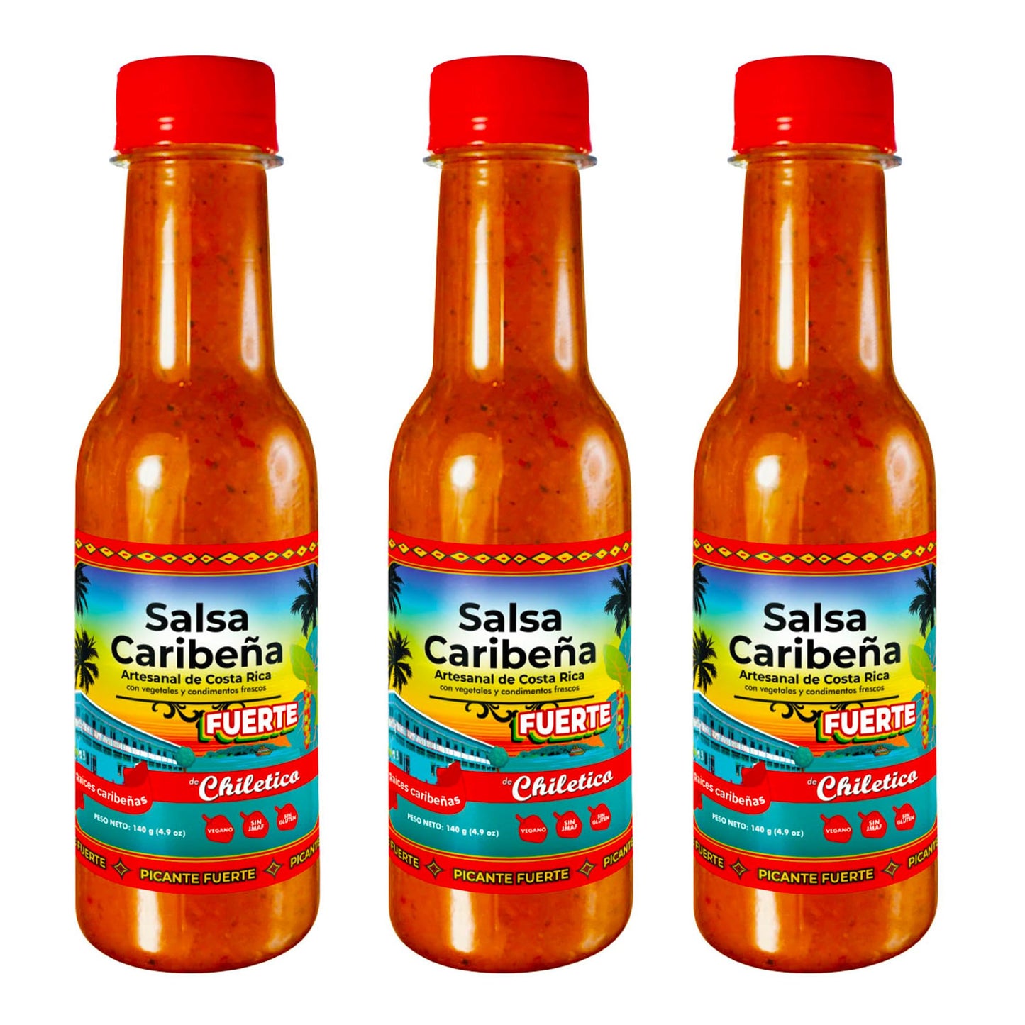 Chiletico Caribbean Hot Sauce - Authentic and Artisan Costa Rican Salsa Picante - Bold Heat with Tropical Flavor - 4.9 oz Each Bottle 3-Pack