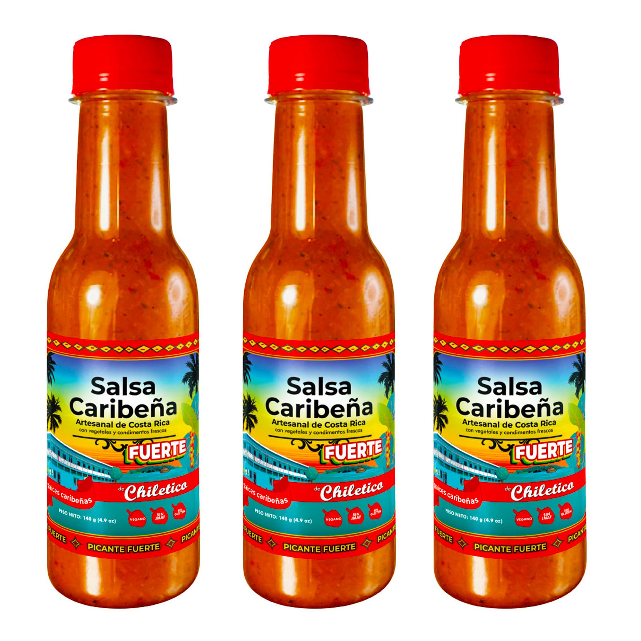 Chiletico Caribbean Hot Sauce - Authentic and Artisan Costa Rican Salsa Picante - Bold Heat with Tropical Flavor - 4.9 oz Each Bottle 3-Pack
